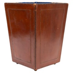 Cognac color stich Leather Paper Basket  1960s France