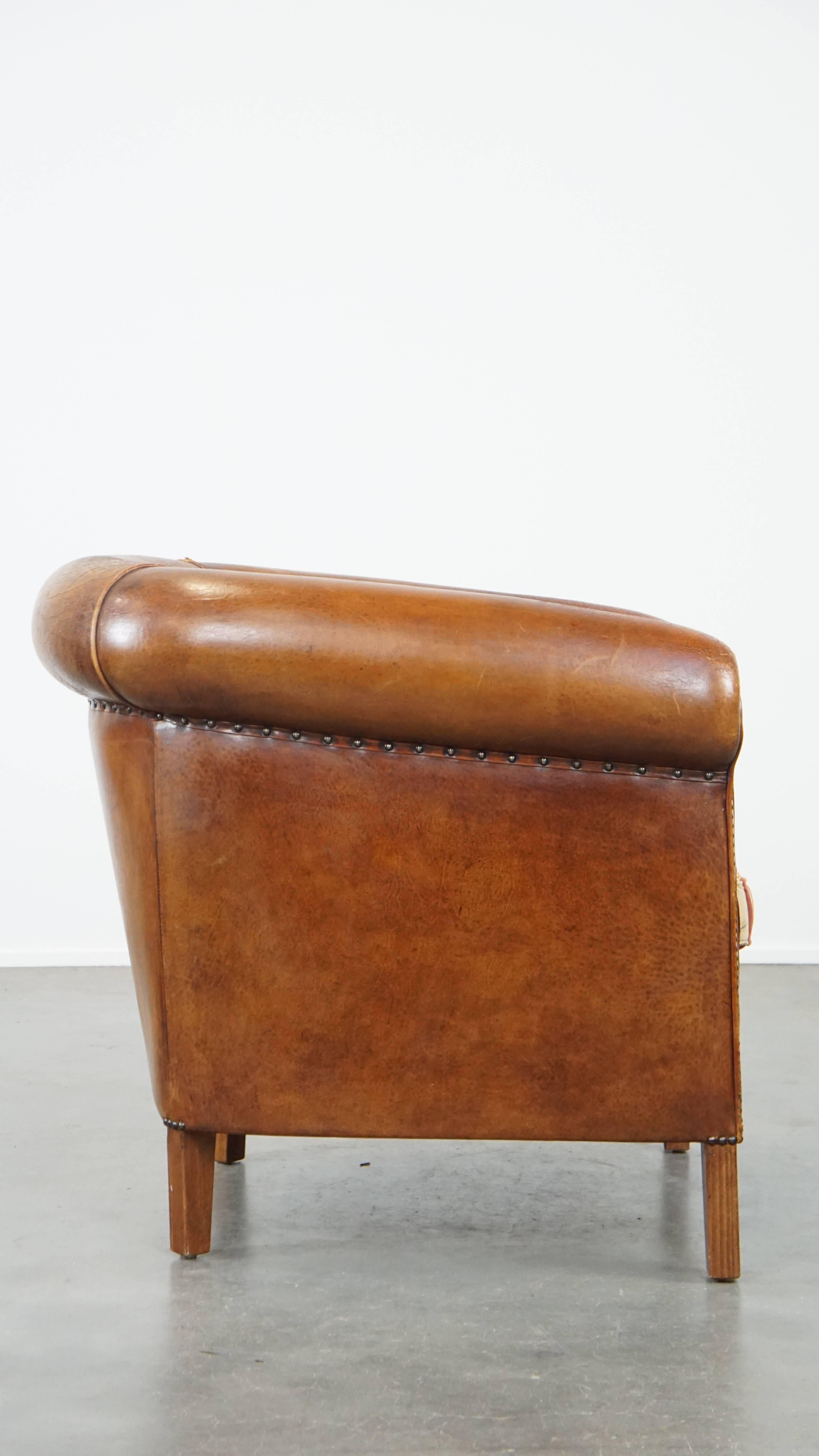 Classical Roman Cognac-Colored, Characterful Vintage Sheepskin Leather Club Chair For Sale