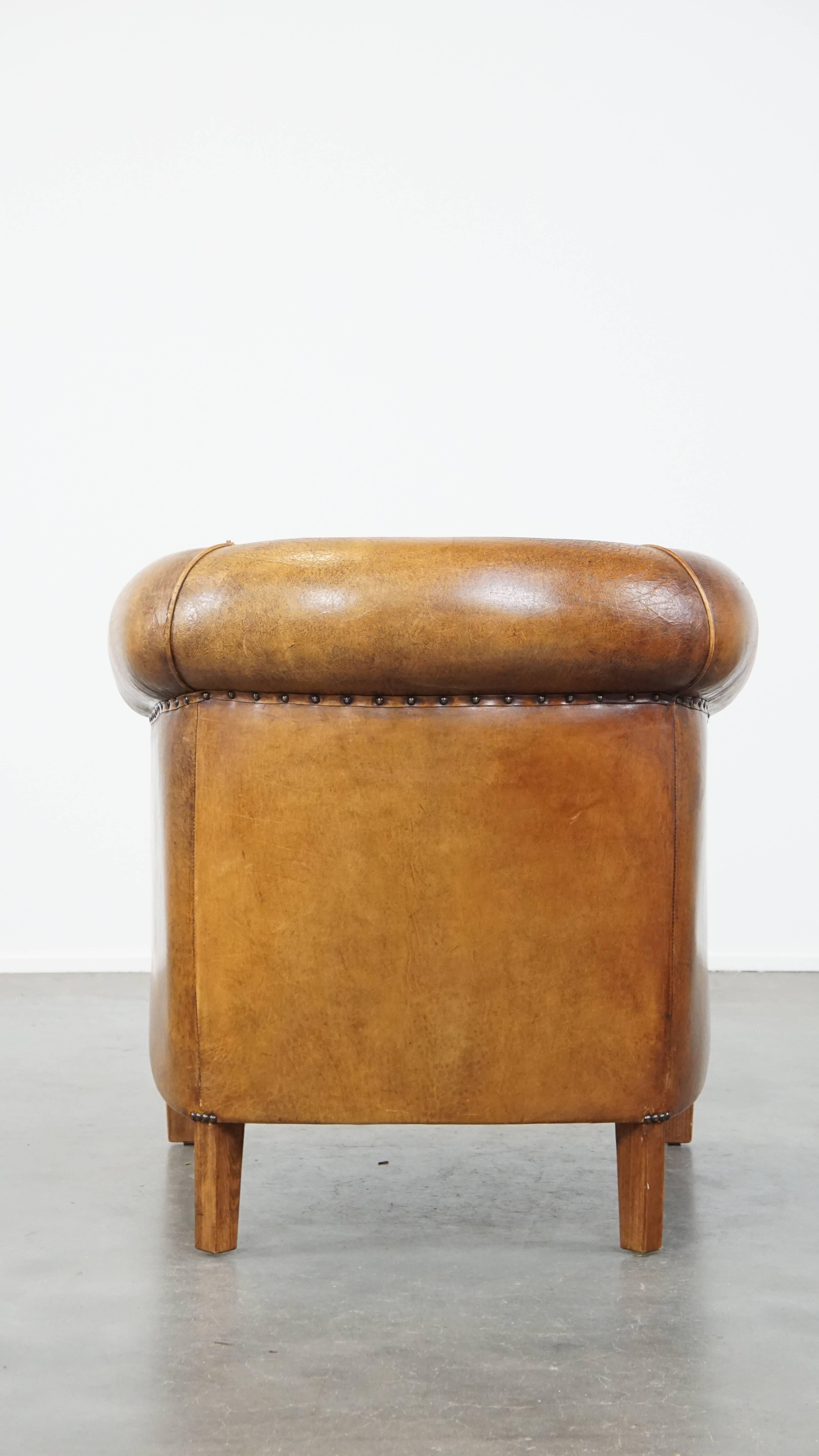 Hand-Crafted Cognac-Colored, Characterful Vintage Sheepskin Leather Club Chair For Sale