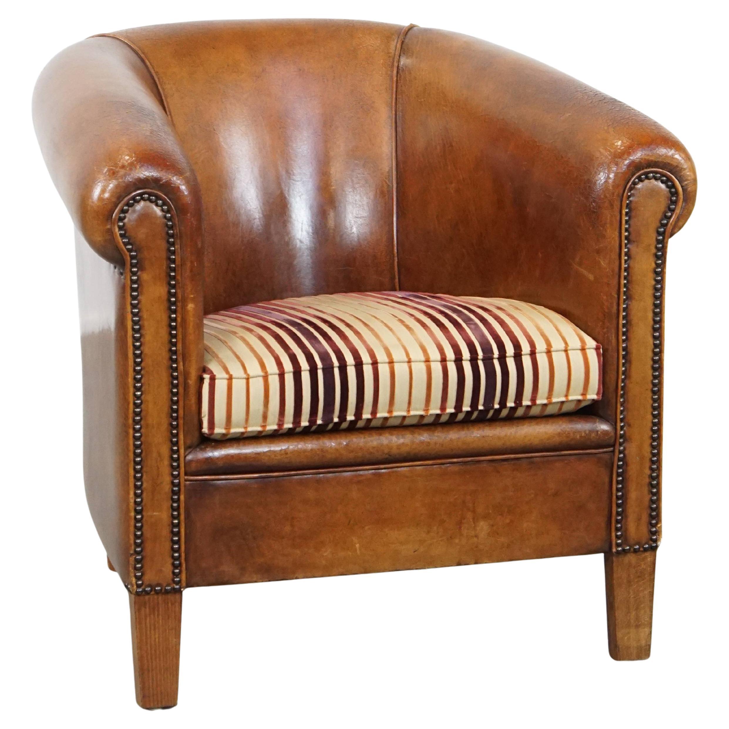 Cognac-Colored, Characterful Vintage Sheepskin Leather Club Chair