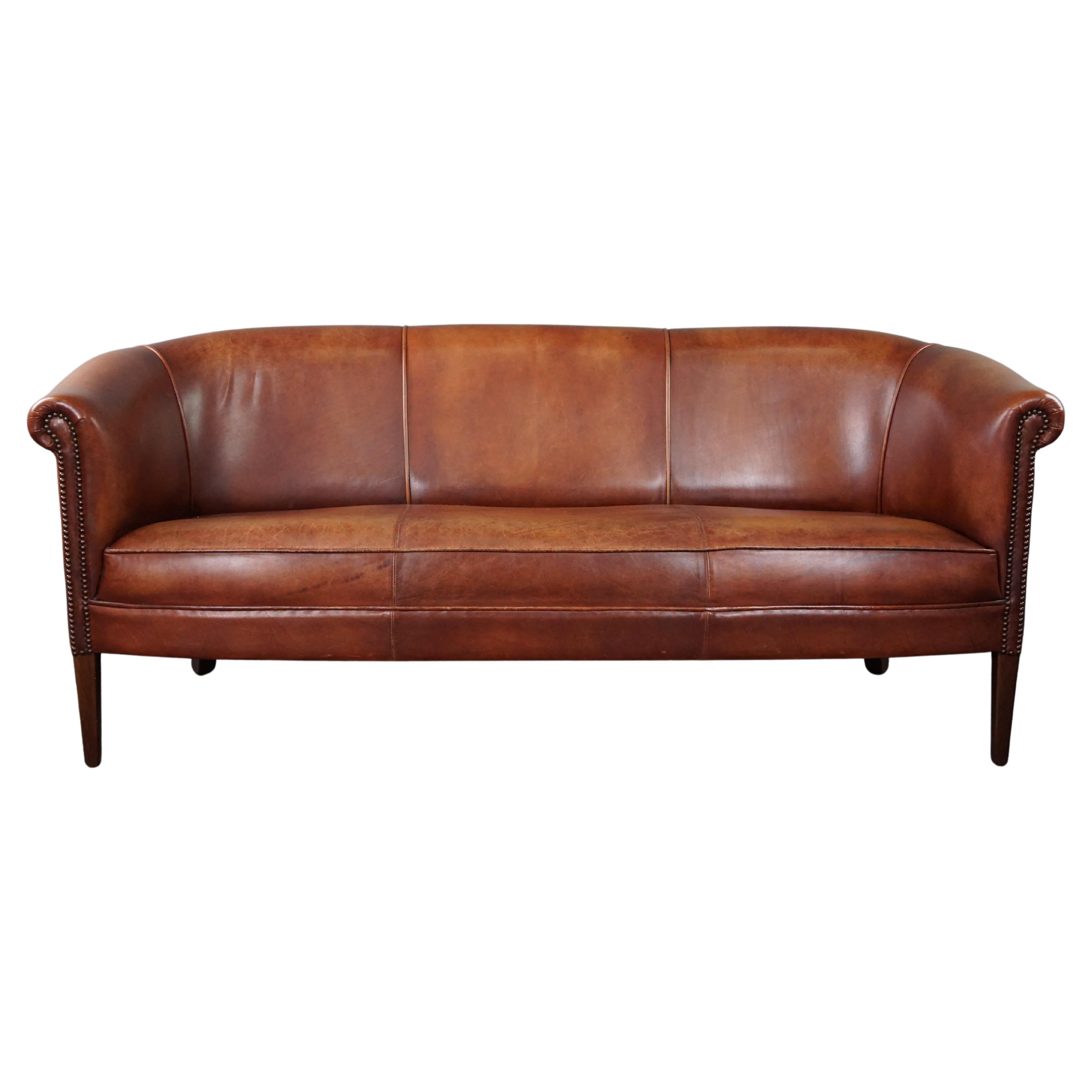 Cognac-colored cowhide leather 2.5-seater club sofa For Sale