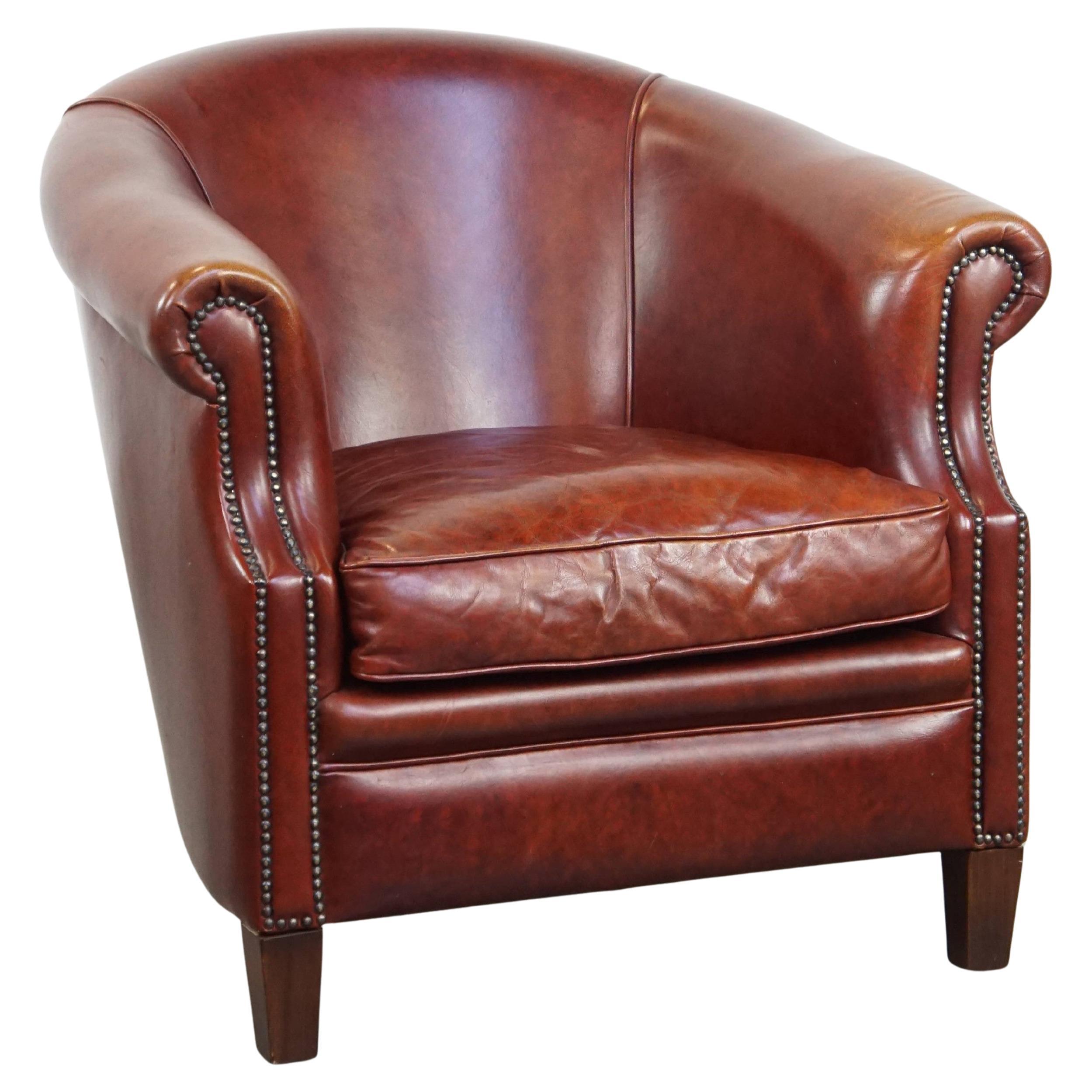 Cognac-Colored Cowhide Leather Club Chair in English Style
