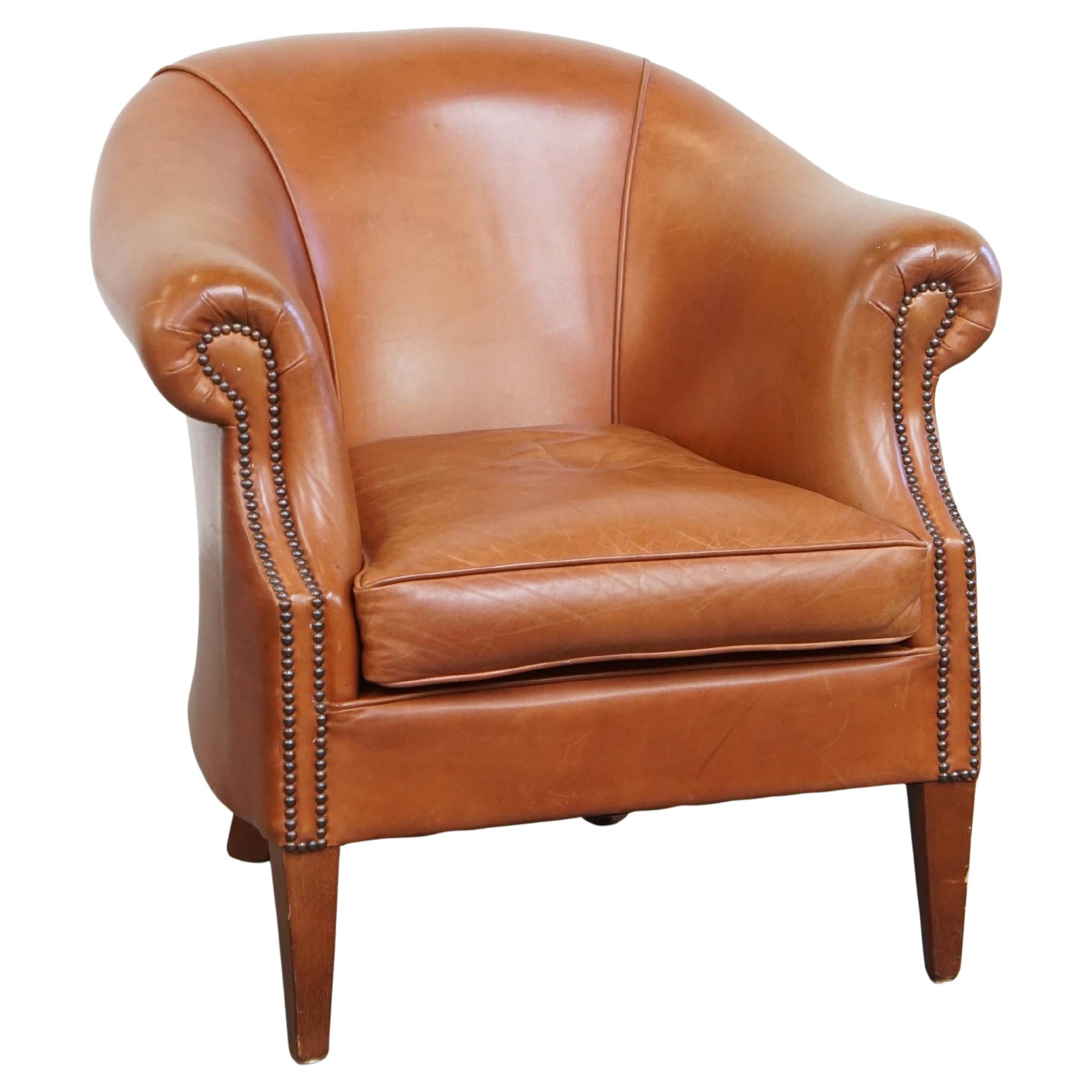 Cognac-Colored Cowhide Leather Club Chair with a Timeless Finish