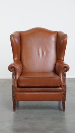 Cognac-Colored Cowhide Leather Wingback Chair in English Style