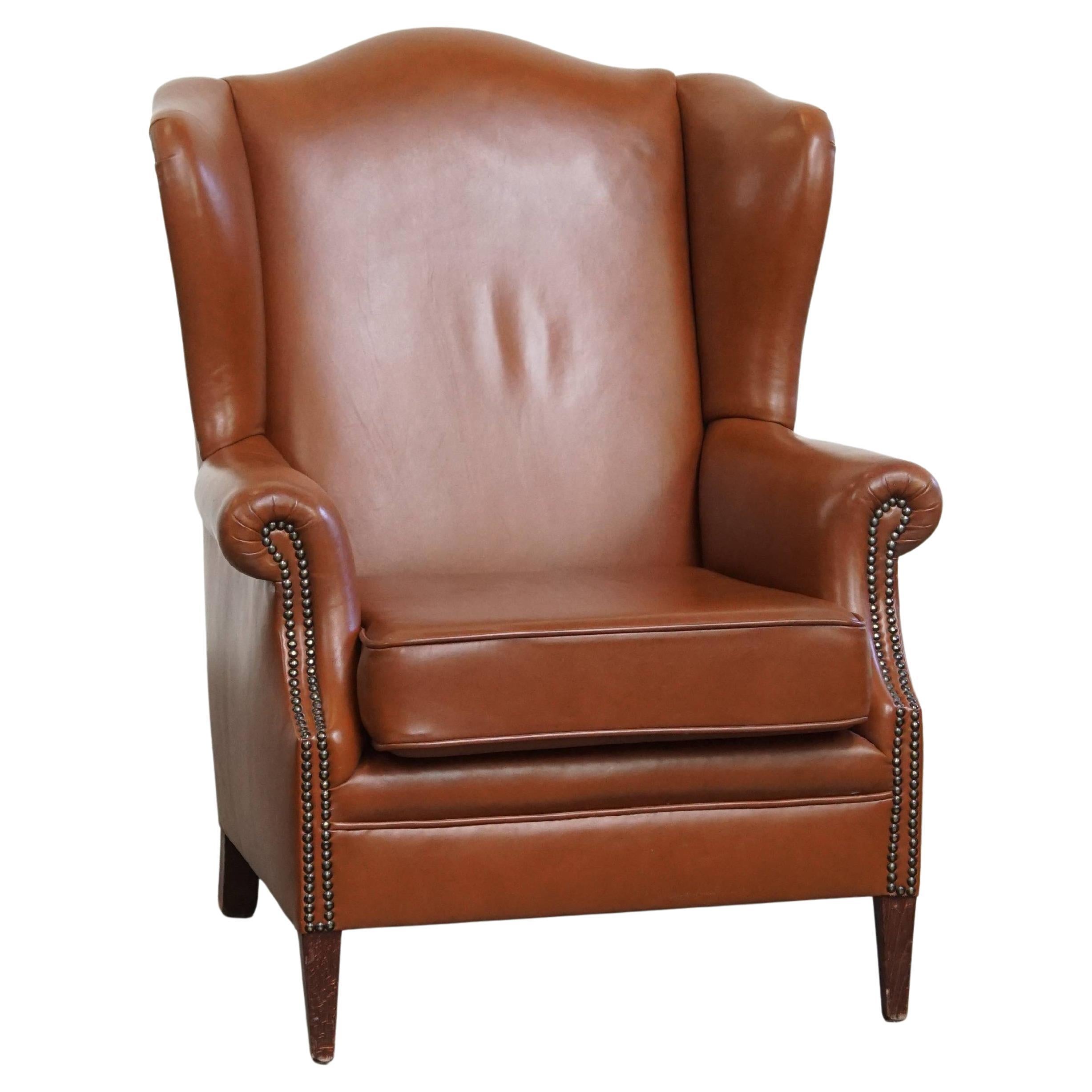 Cognac-Colored Cowhide Leather Wingback Chair in English Style