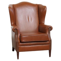Cognac-Colored Cowhide Leather Wingback Chair in English Style