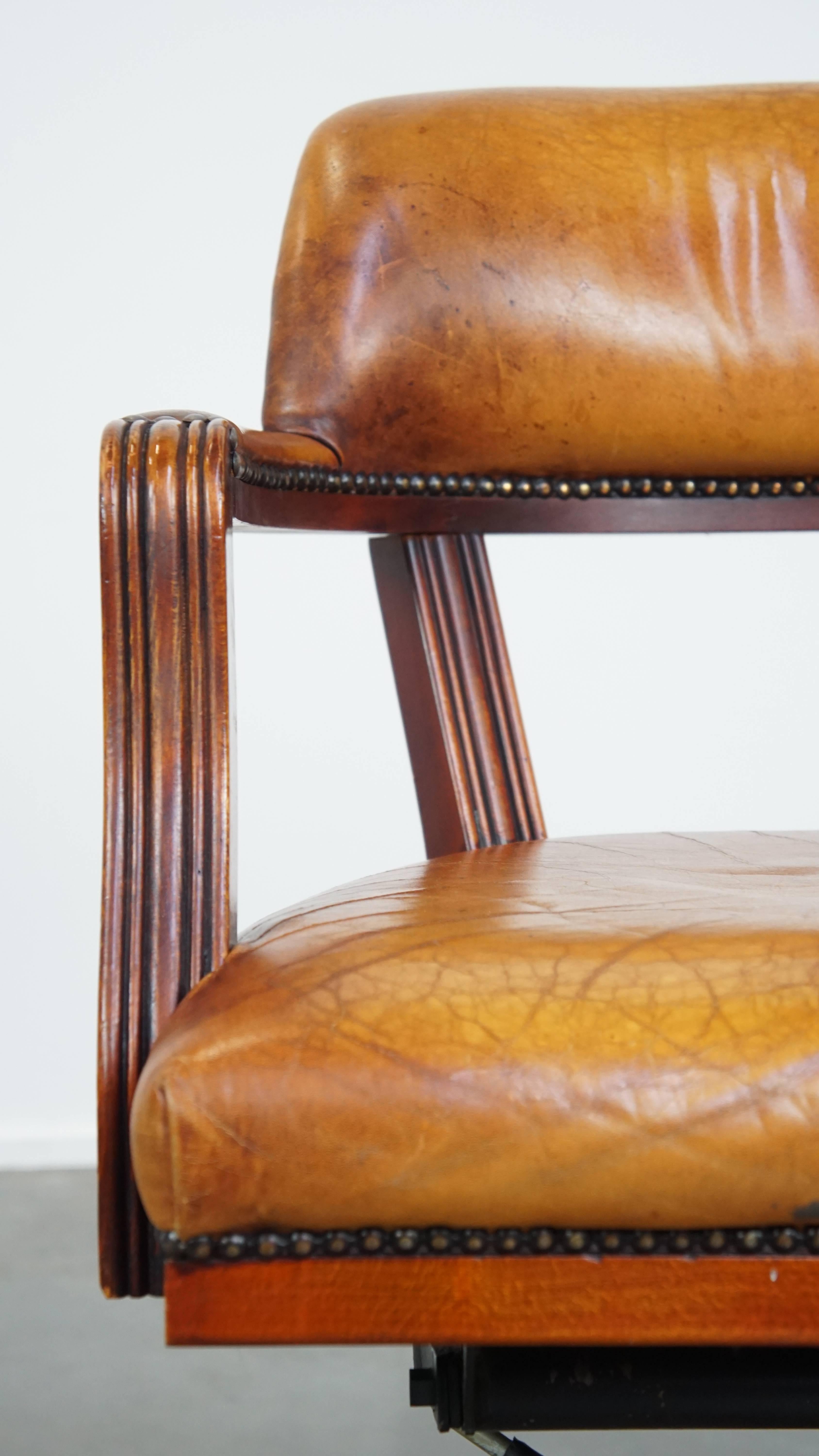 Cognac-Colored CowhideLeather Office Chair in English Style on Wheels 6