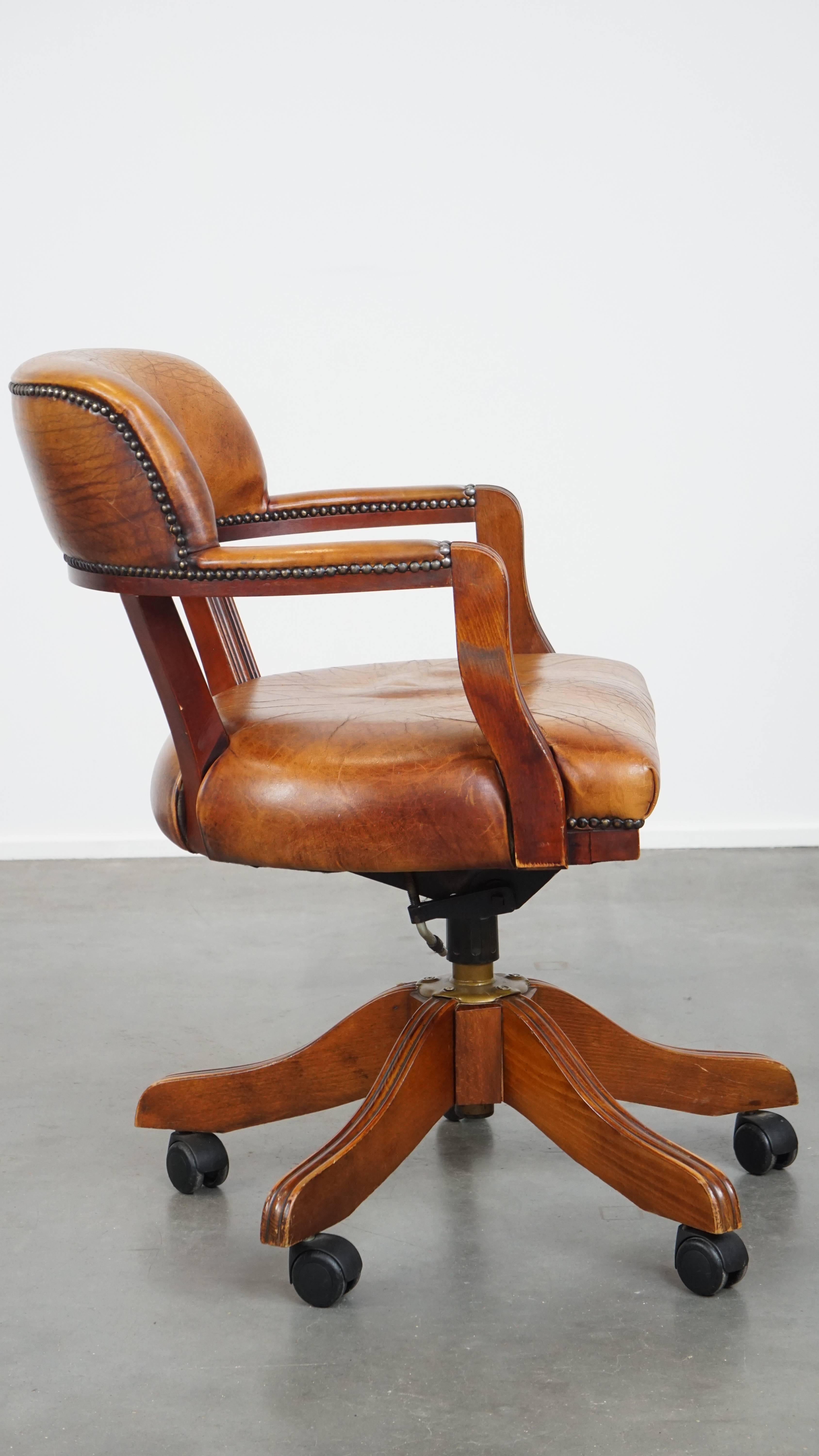 Classical Roman Cognac-Colored CowhideLeather Office Chair in English Style on Wheels