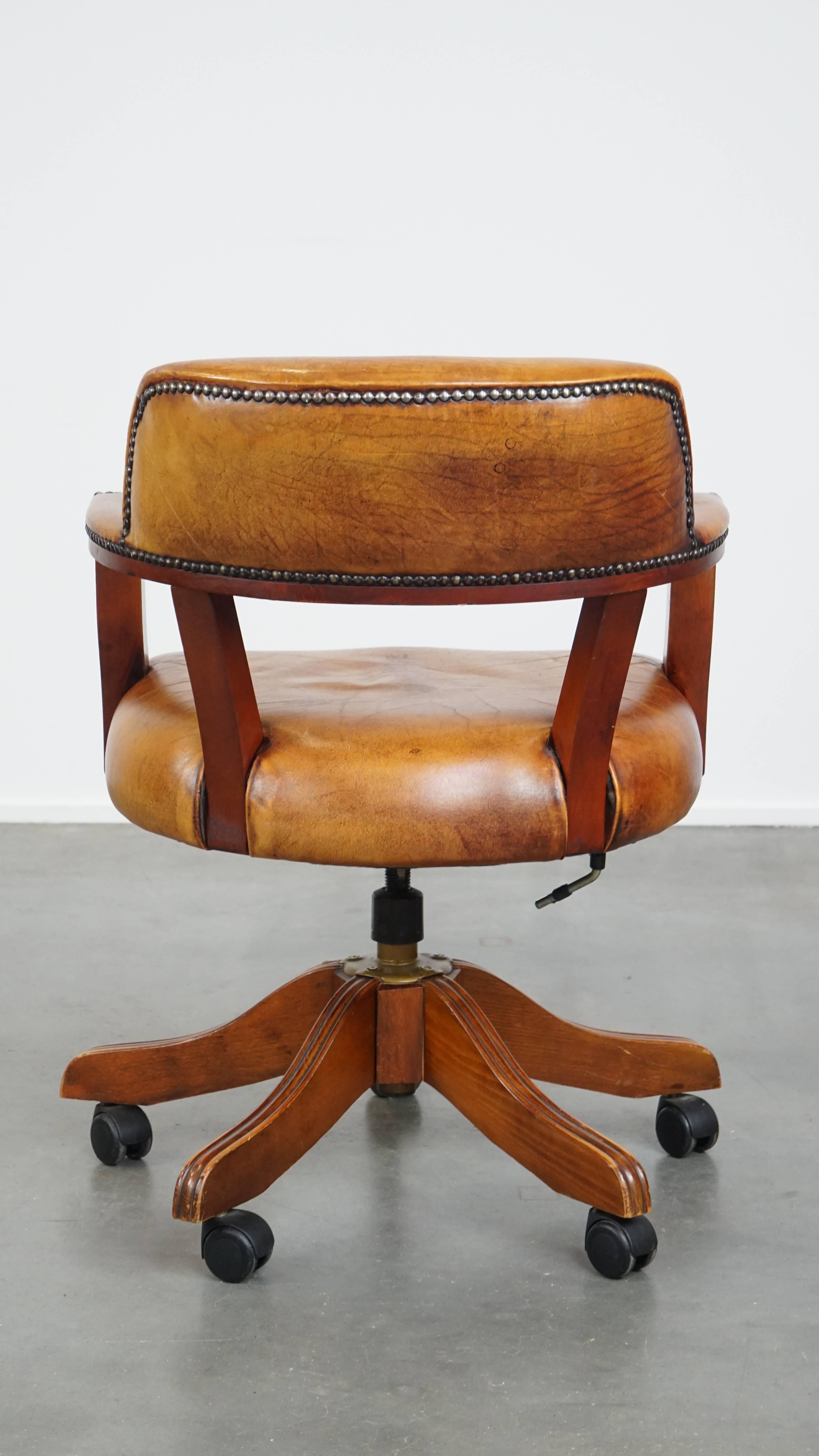 Hand-Crafted Cognac-Colored CowhideLeather Office Chair in English Style on Wheels