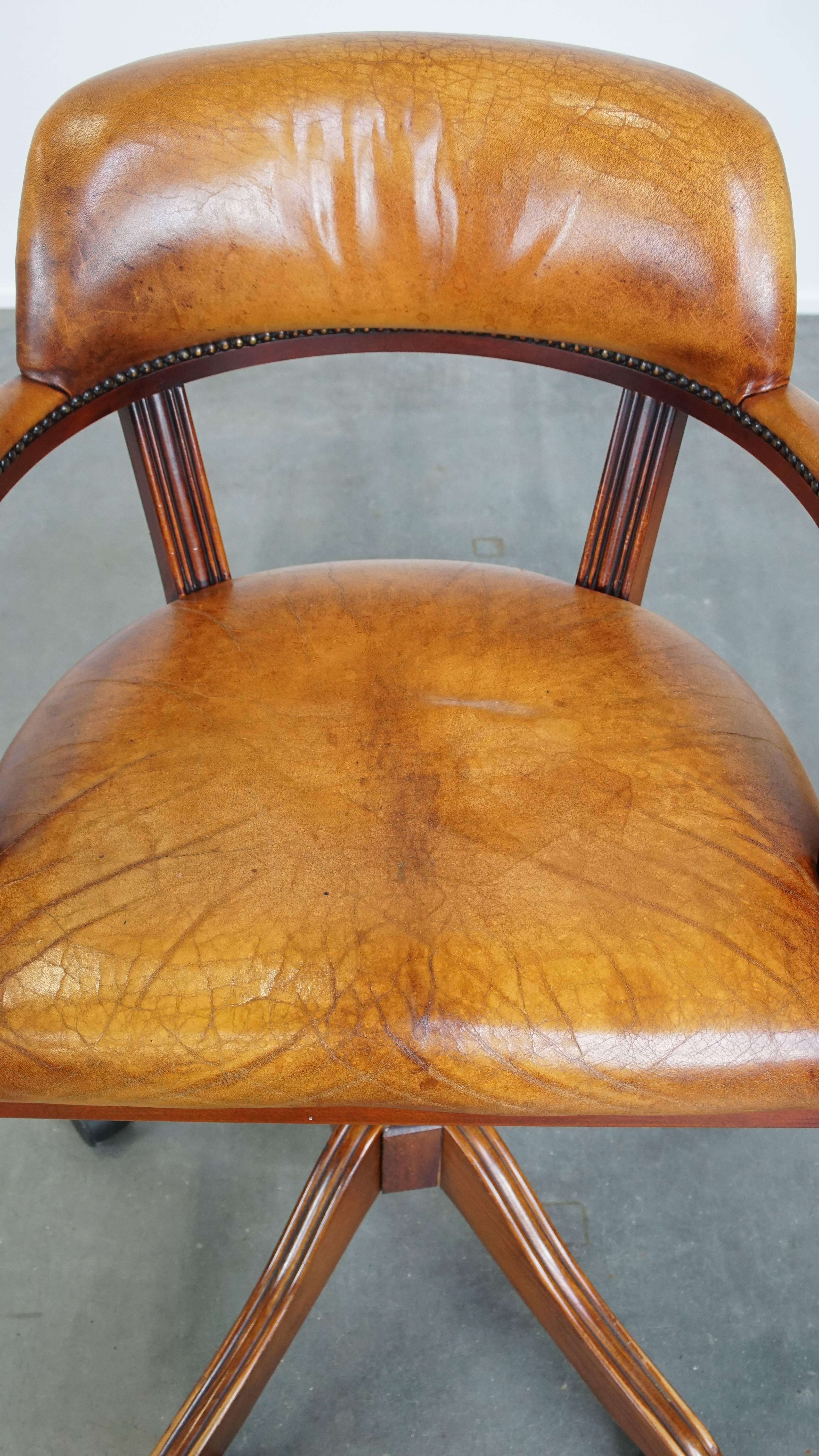 20th Century Cognac-Colored CowhideLeather Office Chair in English Style on Wheels