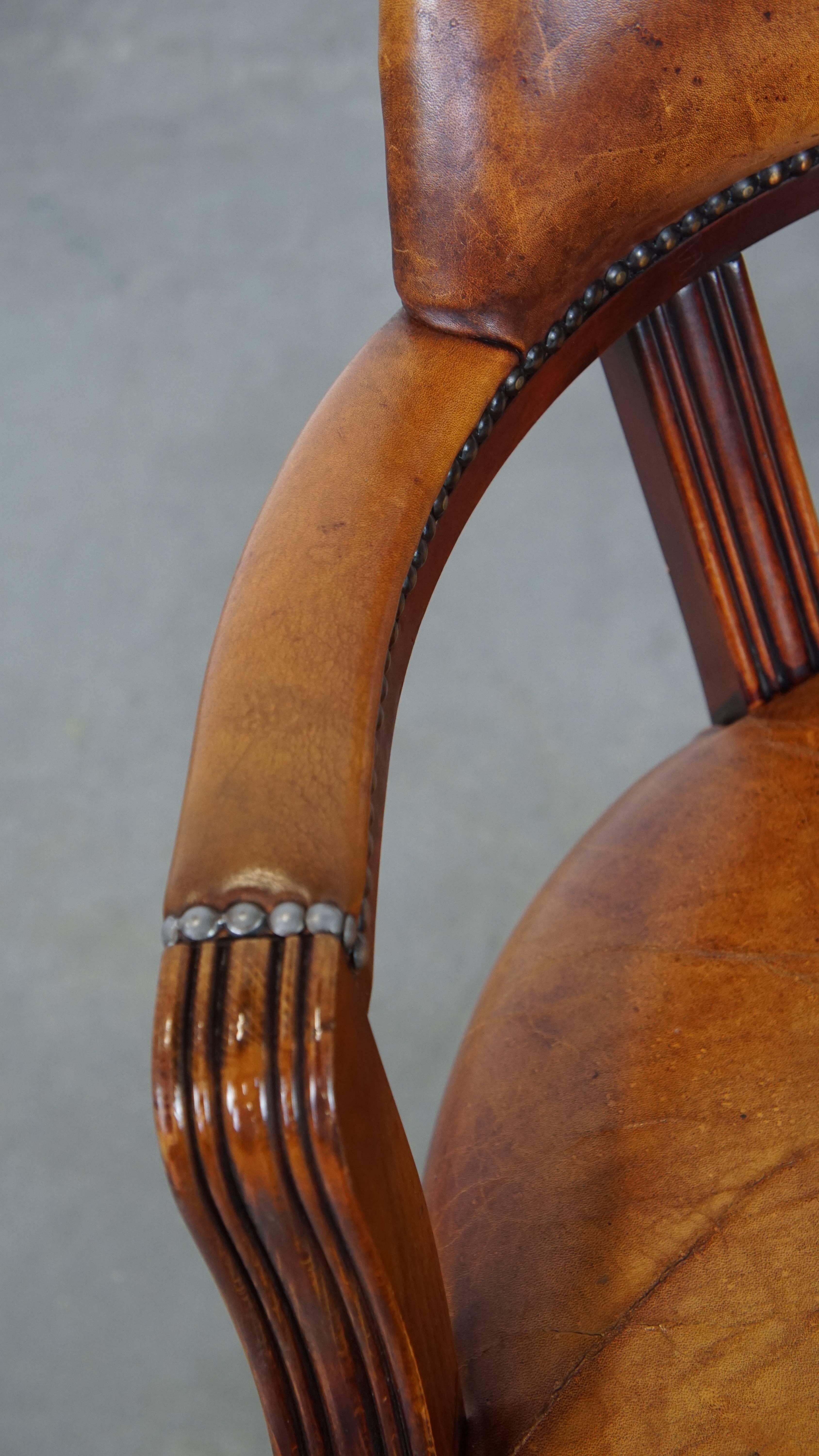 Cognac-Colored CowhideLeather Office Chair in English Style on Wheels 1