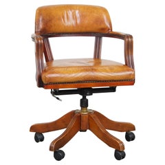 Cognac-Colored CowhideLeather Office Chair in English Style on Wheels