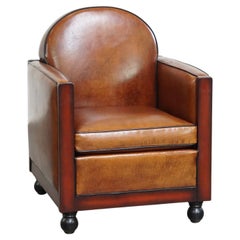 Cognac-colored sheepskin Art Deco design armchair