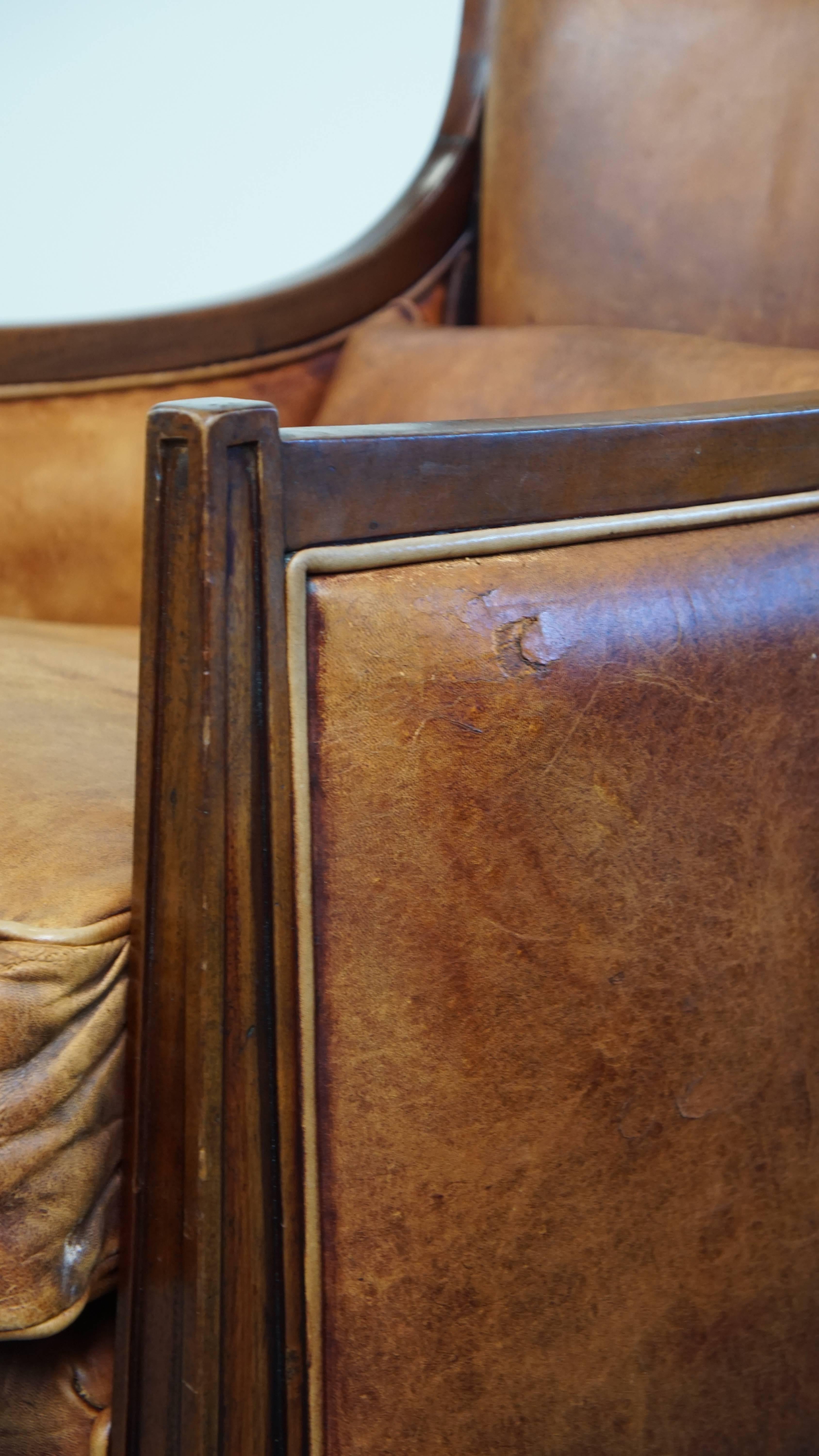 Cognac-Colored Sheepskin Leather Art Deco Design Armchair Combined with Wood For Sale 5