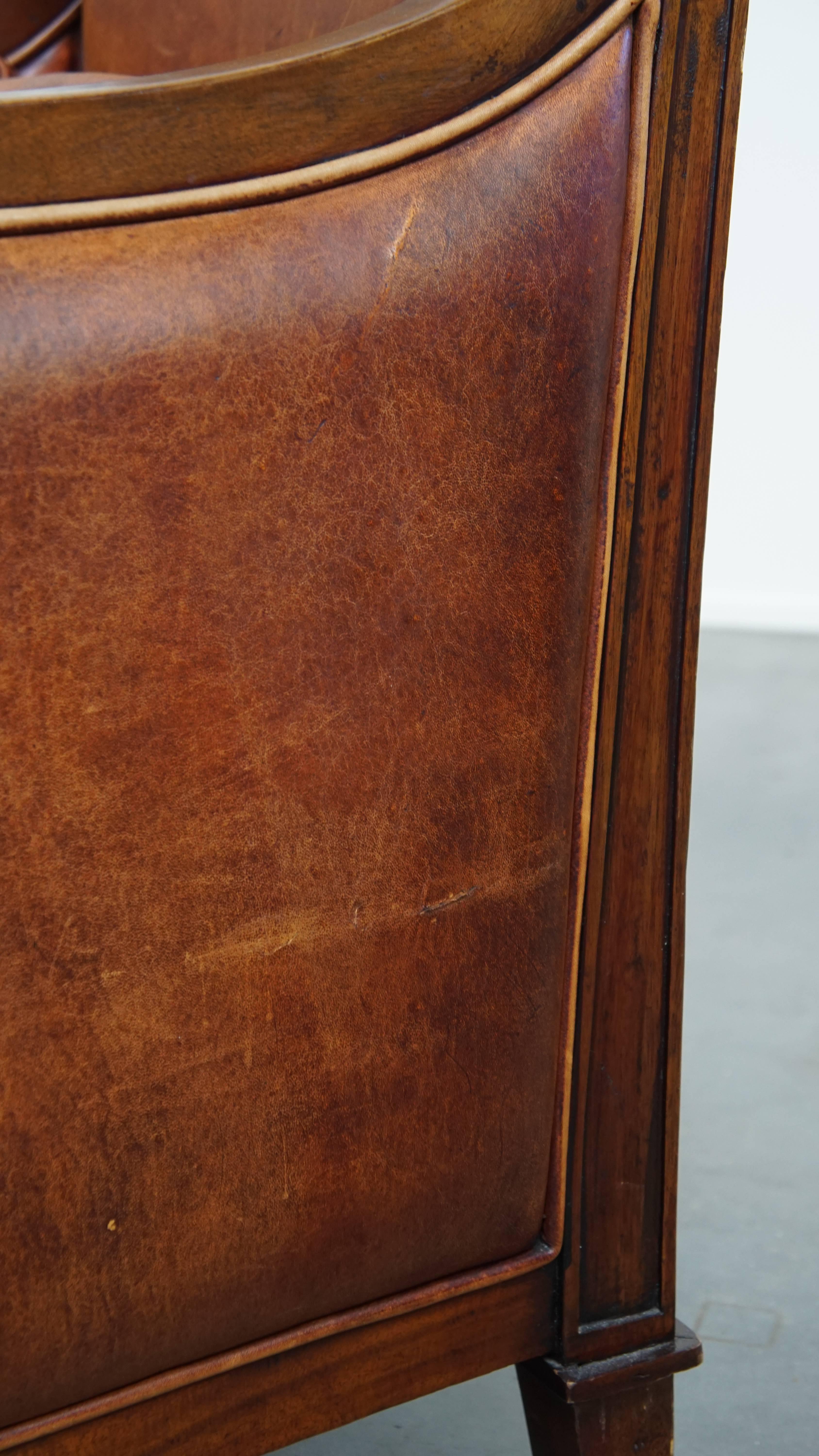 Cognac-Colored Sheepskin Leather Art Deco Design Armchair Combined with Wood For Sale 6