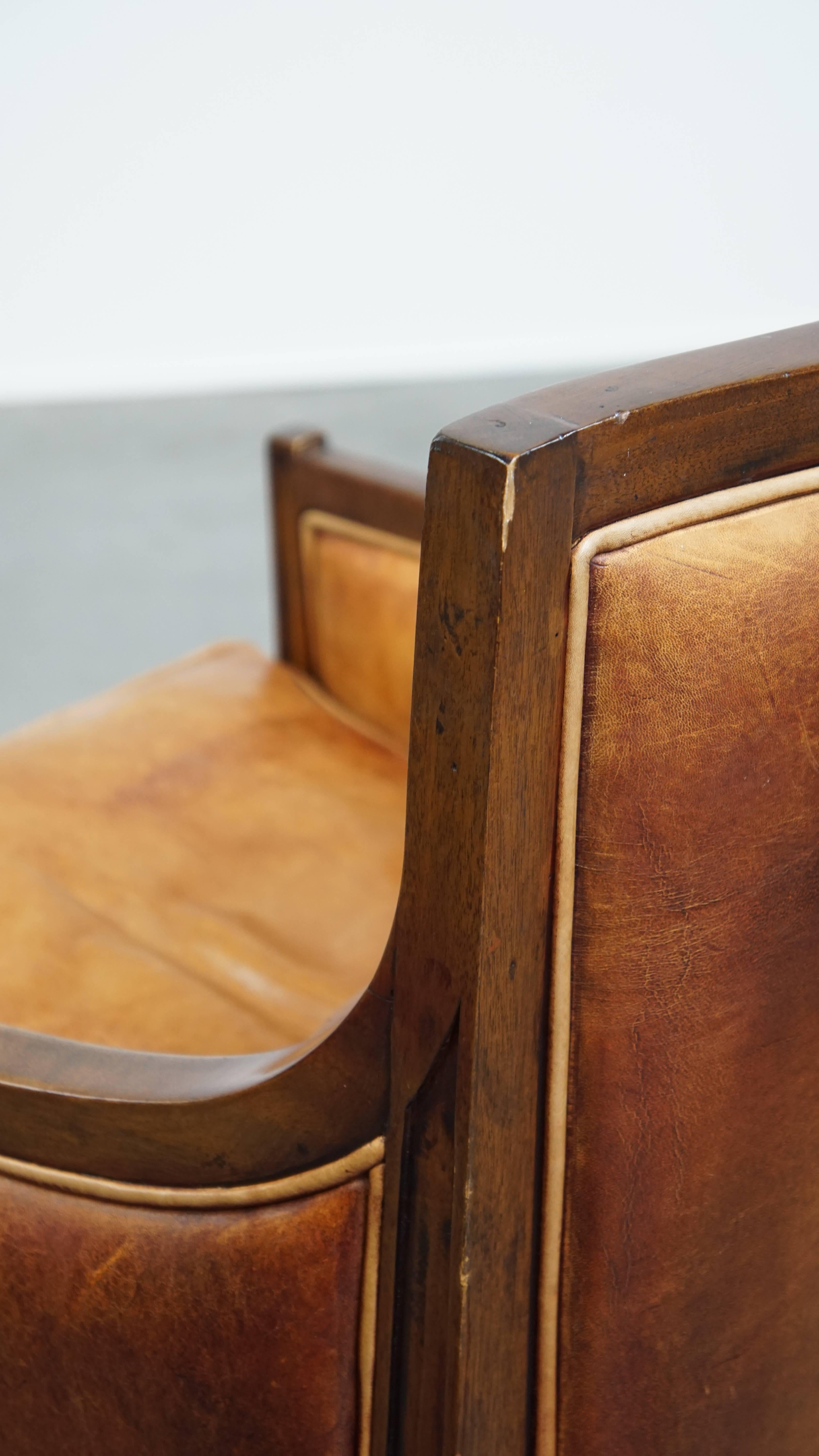 Cognac-Colored Sheepskin Leather Art Deco Design Armchair Combined with Wood For Sale 7