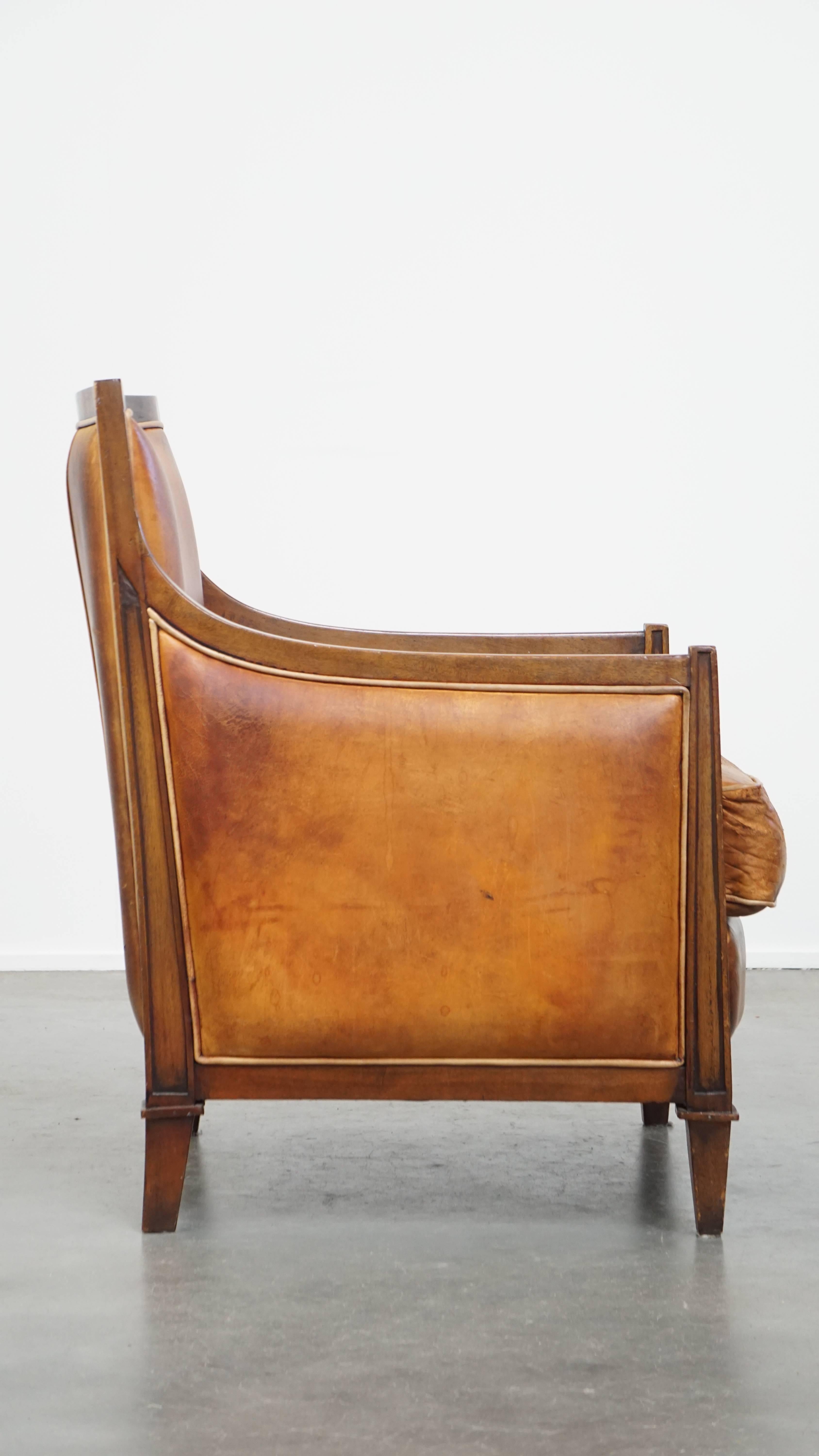Hand-Crafted Cognac-Colored Sheepskin Leather Art Deco Design Armchair Combined with Wood For Sale