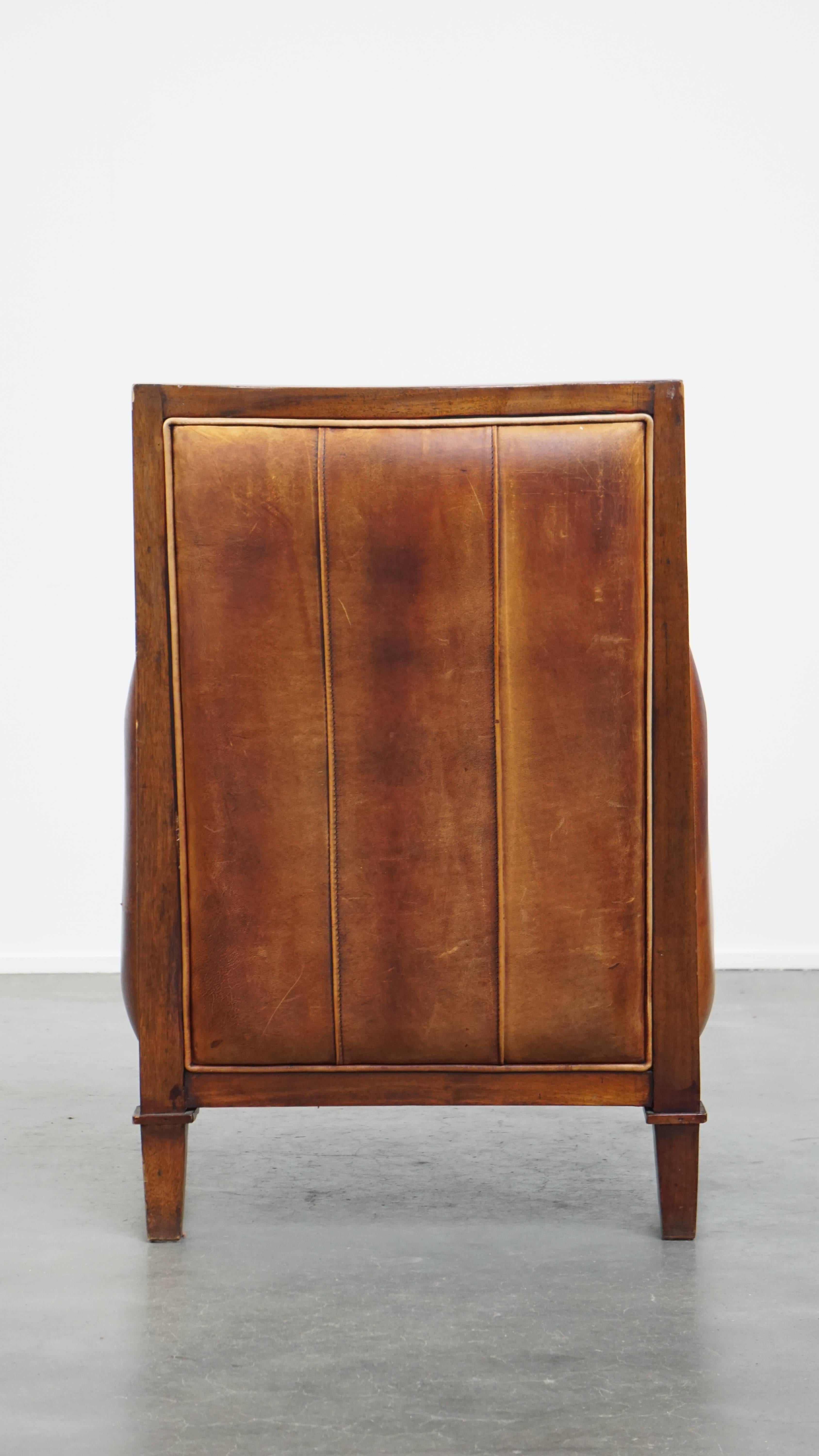 Cognac-Colored Sheepskin Leather Art Deco Design Armchair Combined with Wood In Fair Condition For Sale In Harderwijk, NL