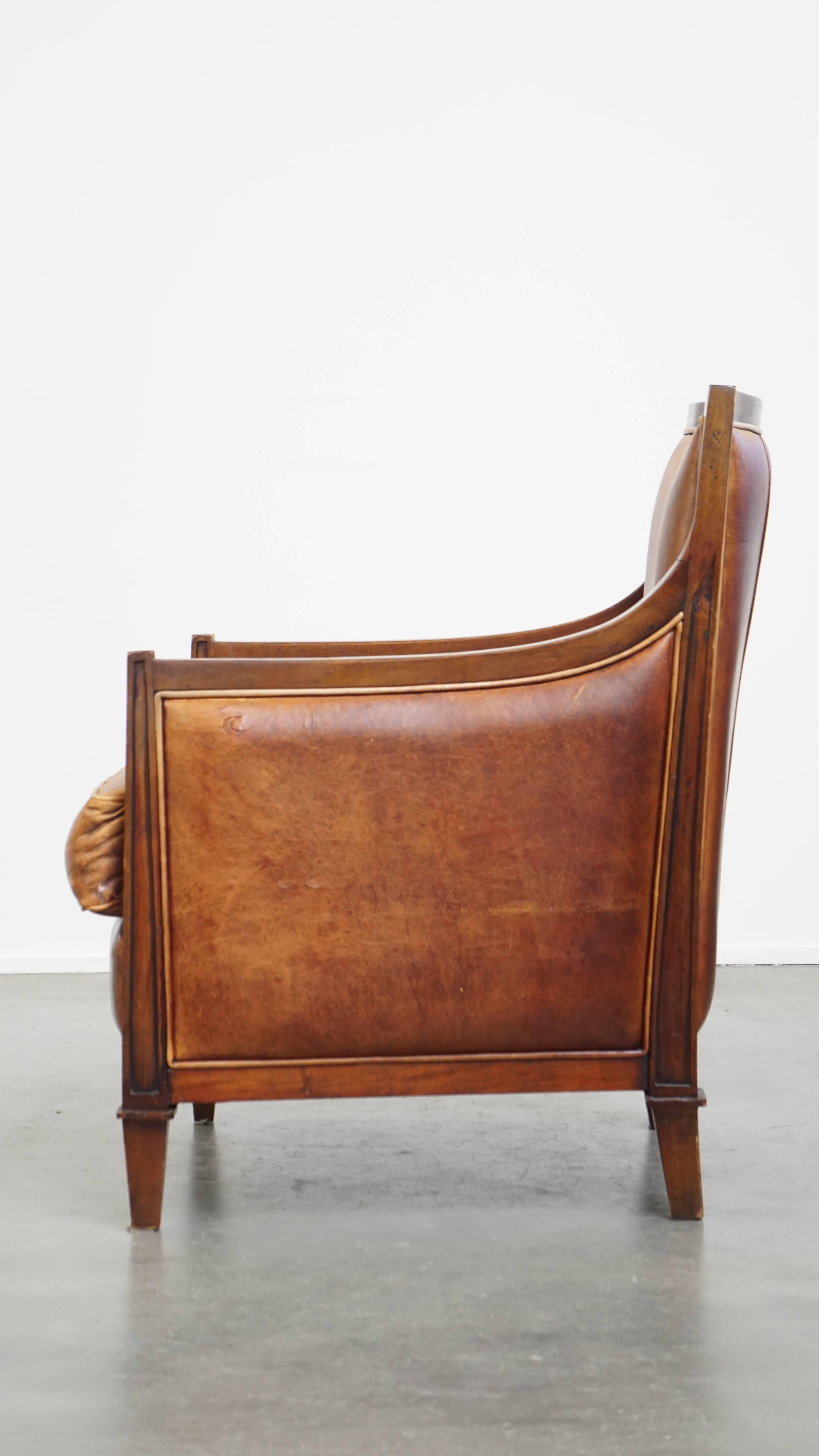20th Century Cognac-Colored Sheepskin Leather Art Deco Design Armchair Combined with Wood For Sale