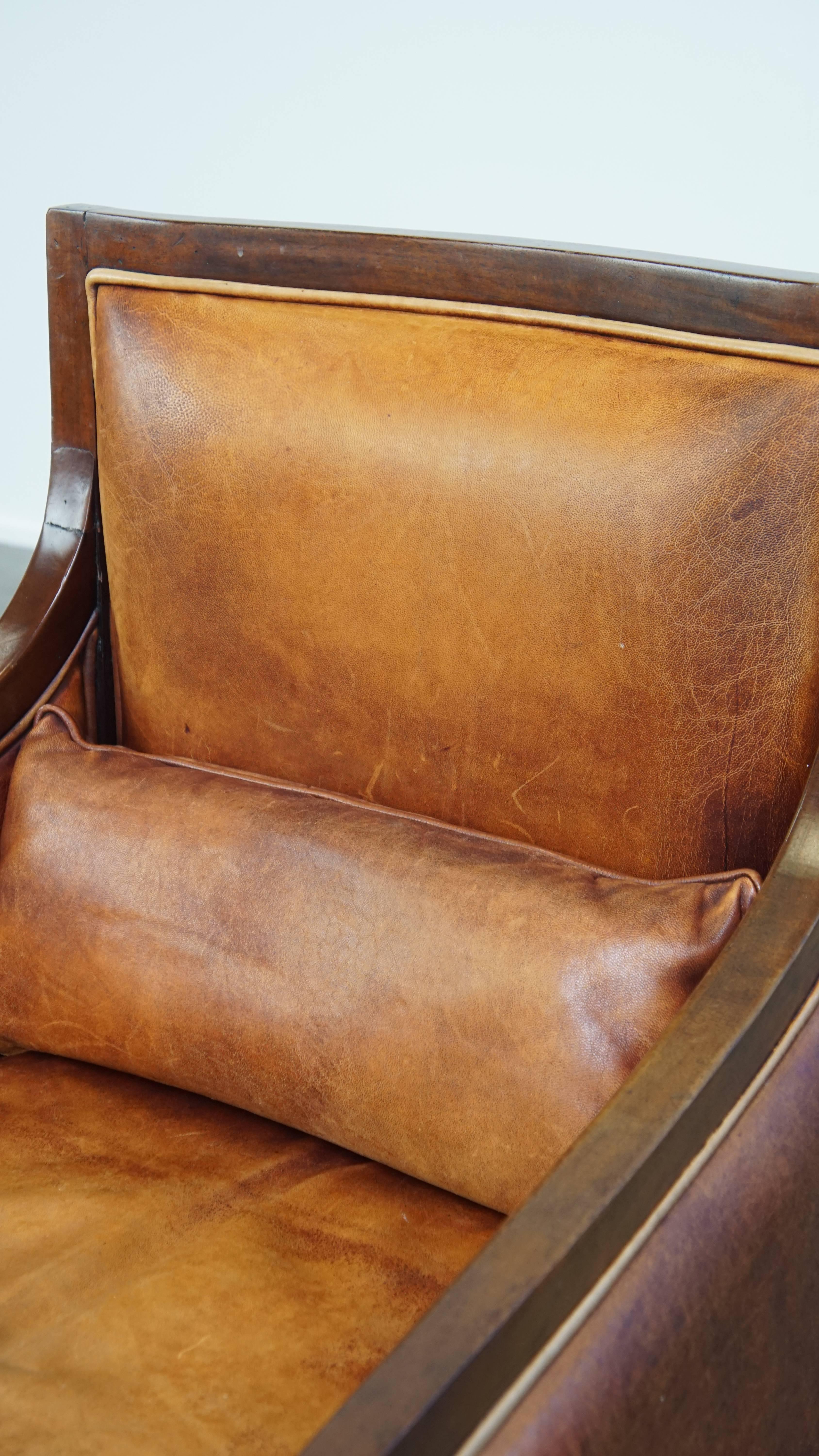 Cognac-Colored Sheepskin Leather Art Deco Design Armchair Combined with Wood For Sale 4