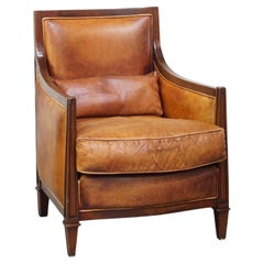 Cognac-Colored Sheepskin Leather Art Deco Design Armchair Combined with Wood