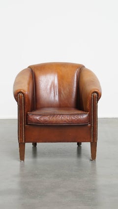 Cognac Sheepskin Leather Club Chair, Hand-Crafted Roman Style