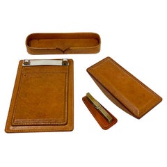 Used Cognac Colored Stitched Leather Desk Set