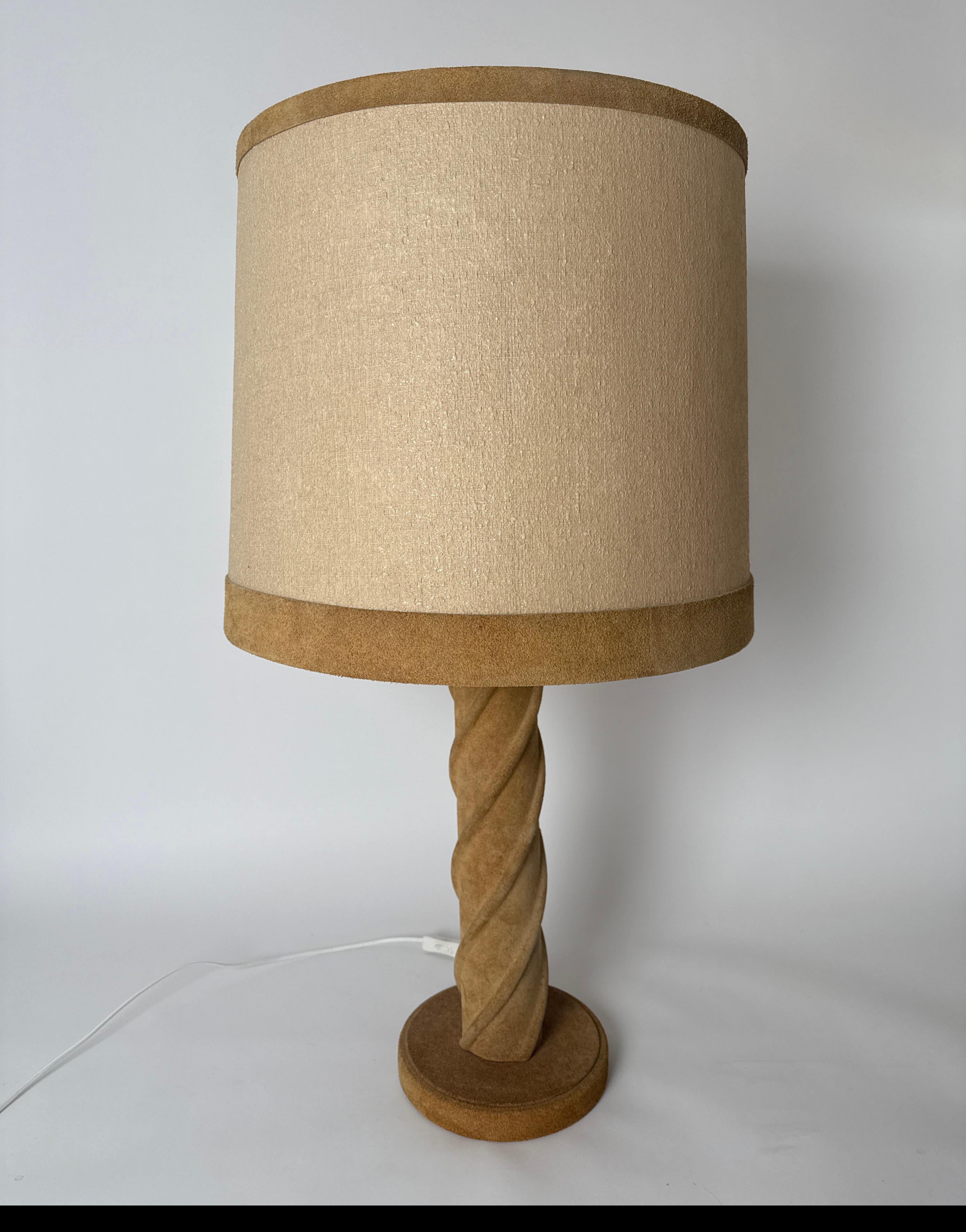 Exceptionally large and rare lamp made of cognac-colored suede. The lamp was made by a French artist who was inspired by Paul Dupre-Lafon in the 1970s. The lamp is an almost unique work of art in its design. The lamp base is covered with suede by