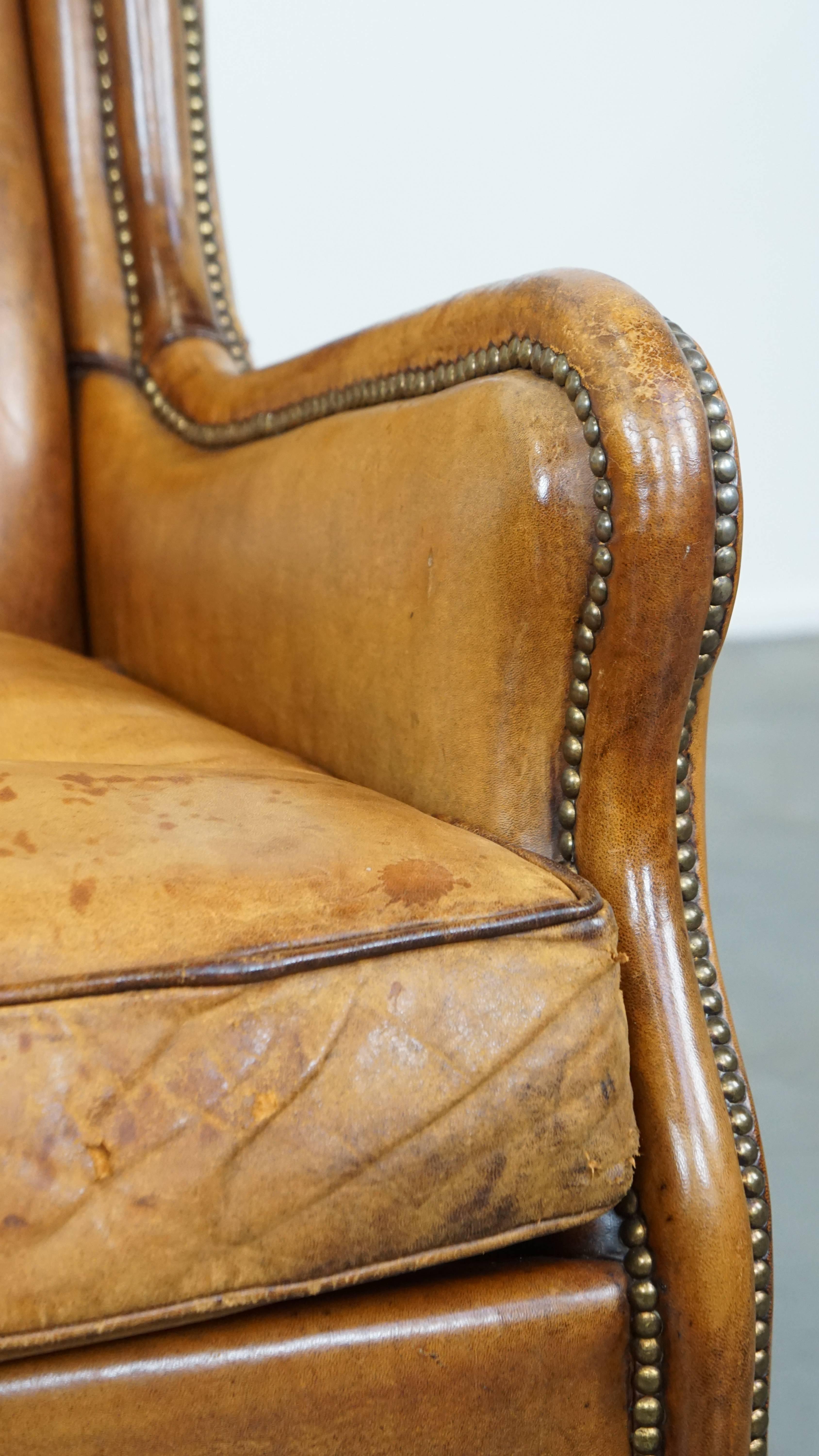 Cognac-Colored Vintage Sheepskin Leather Armchair with a High Back For Sale 4