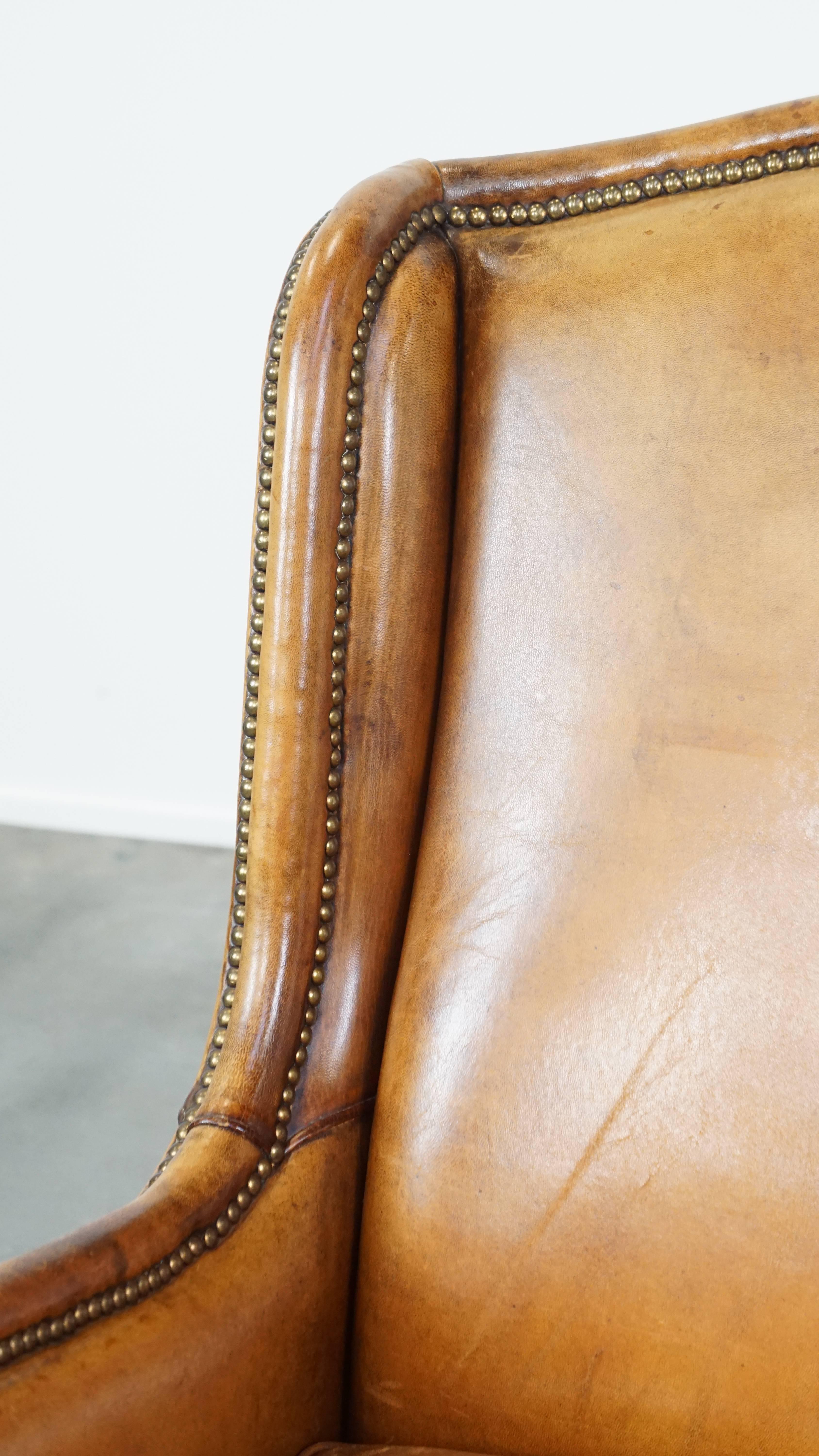 Cognac-Colored Vintage Sheepskin Leather Armchair with a High Back For Sale 5