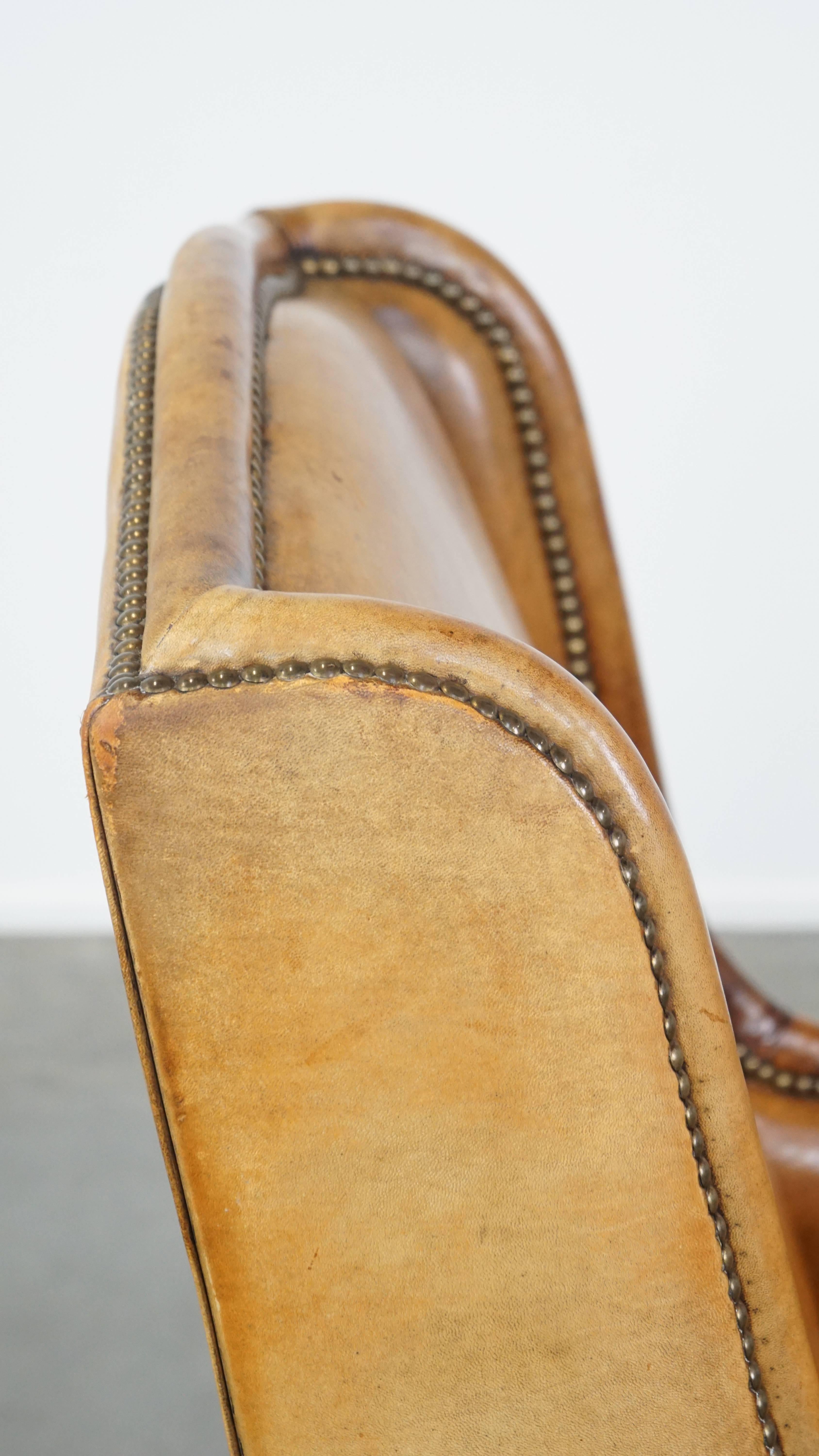 Cognac-Colored Vintage Sheepskin Leather Armchair with a High Back For Sale 6