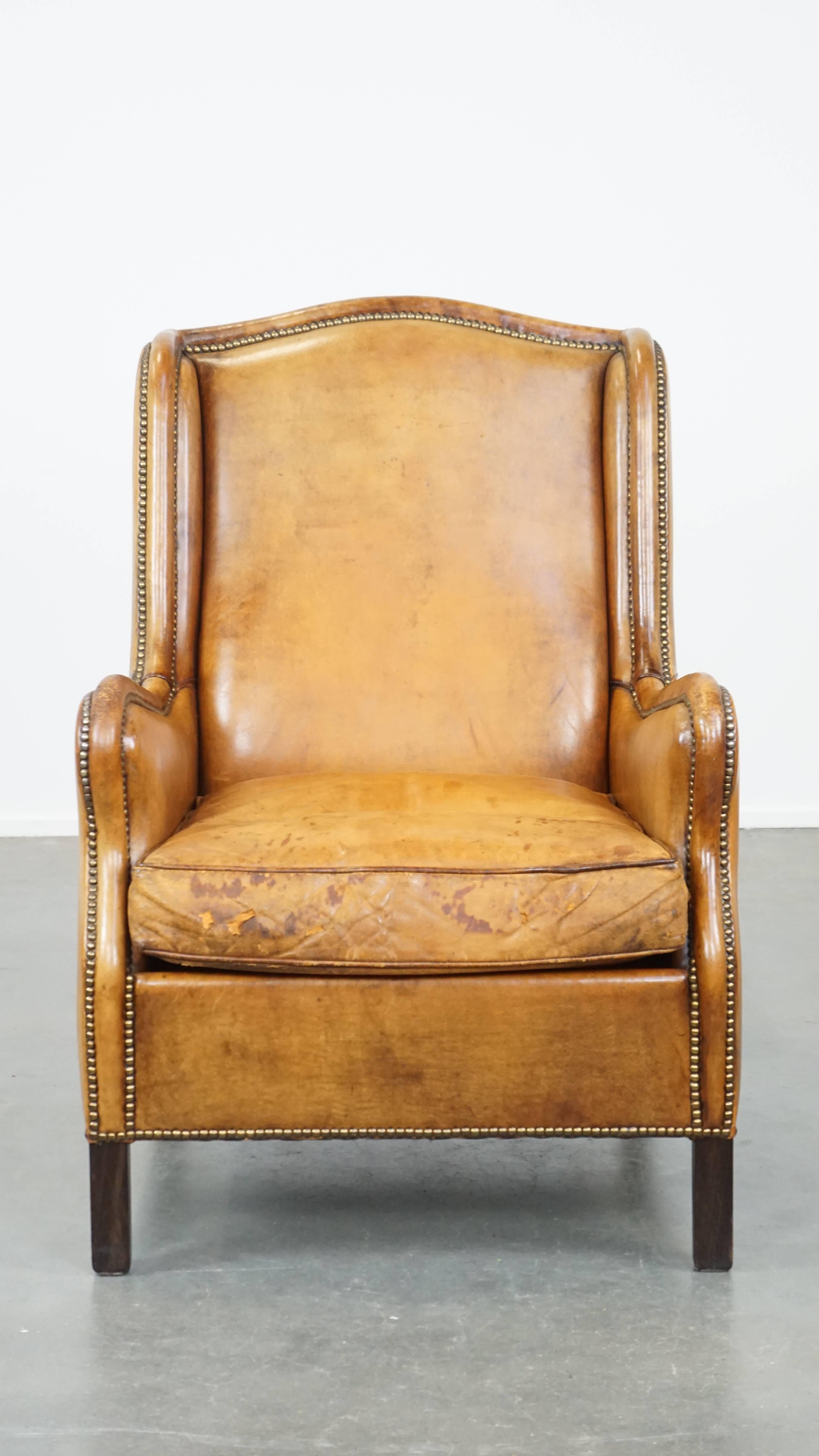 This fantastic sheepskin leather armchair should, in our opinion, be a part of every interior. It features a beautiful cognac color and a striking appearance. The armchair is beautifully finished with decorative nails. Its soft, removable seat