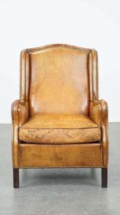 Cognac-Colored Vintage Sheepskin Leather Armchair with a High Back