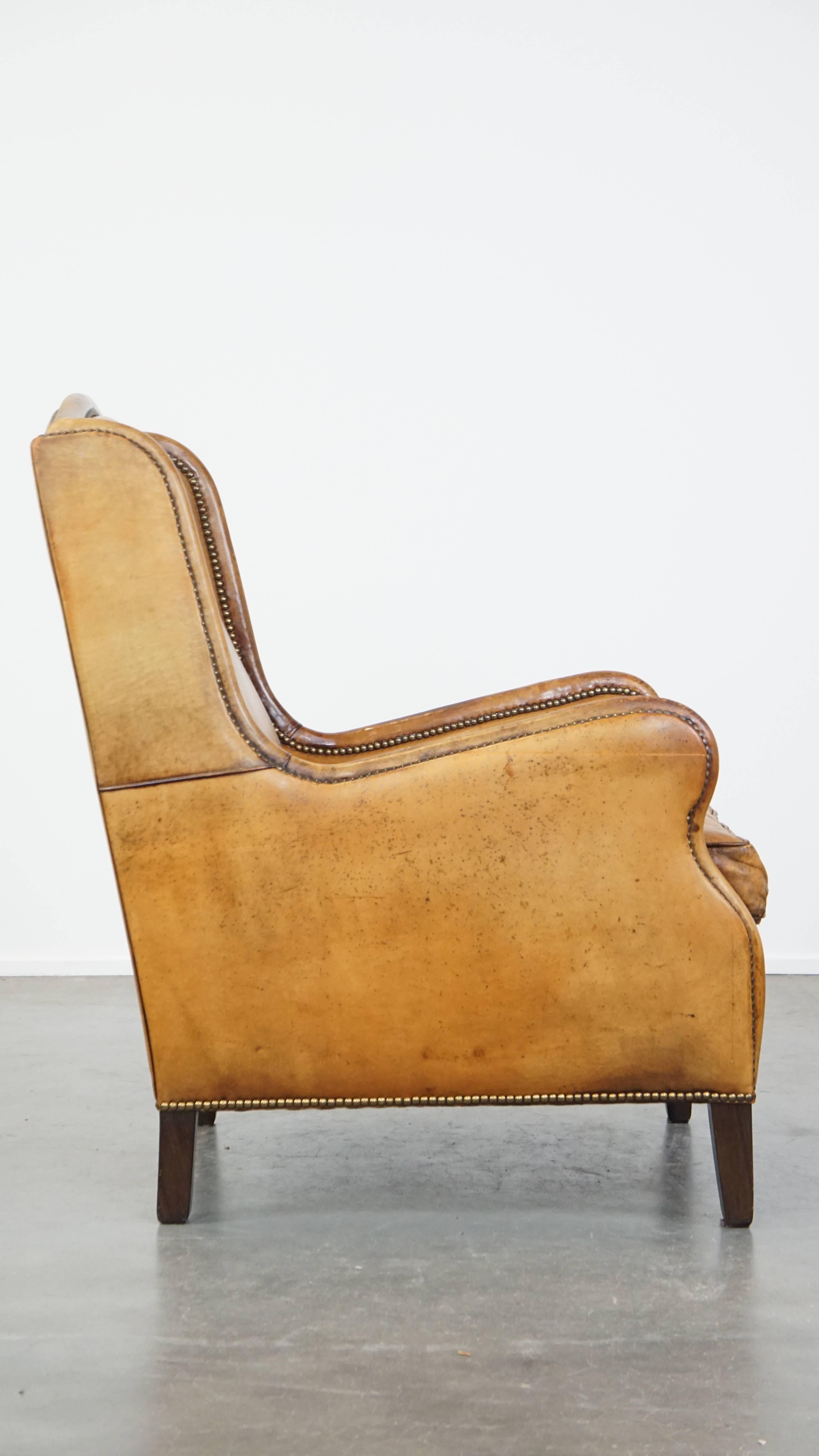 Classical Roman Cognac-Colored Vintage Sheepskin Leather Armchair with a High Back For Sale