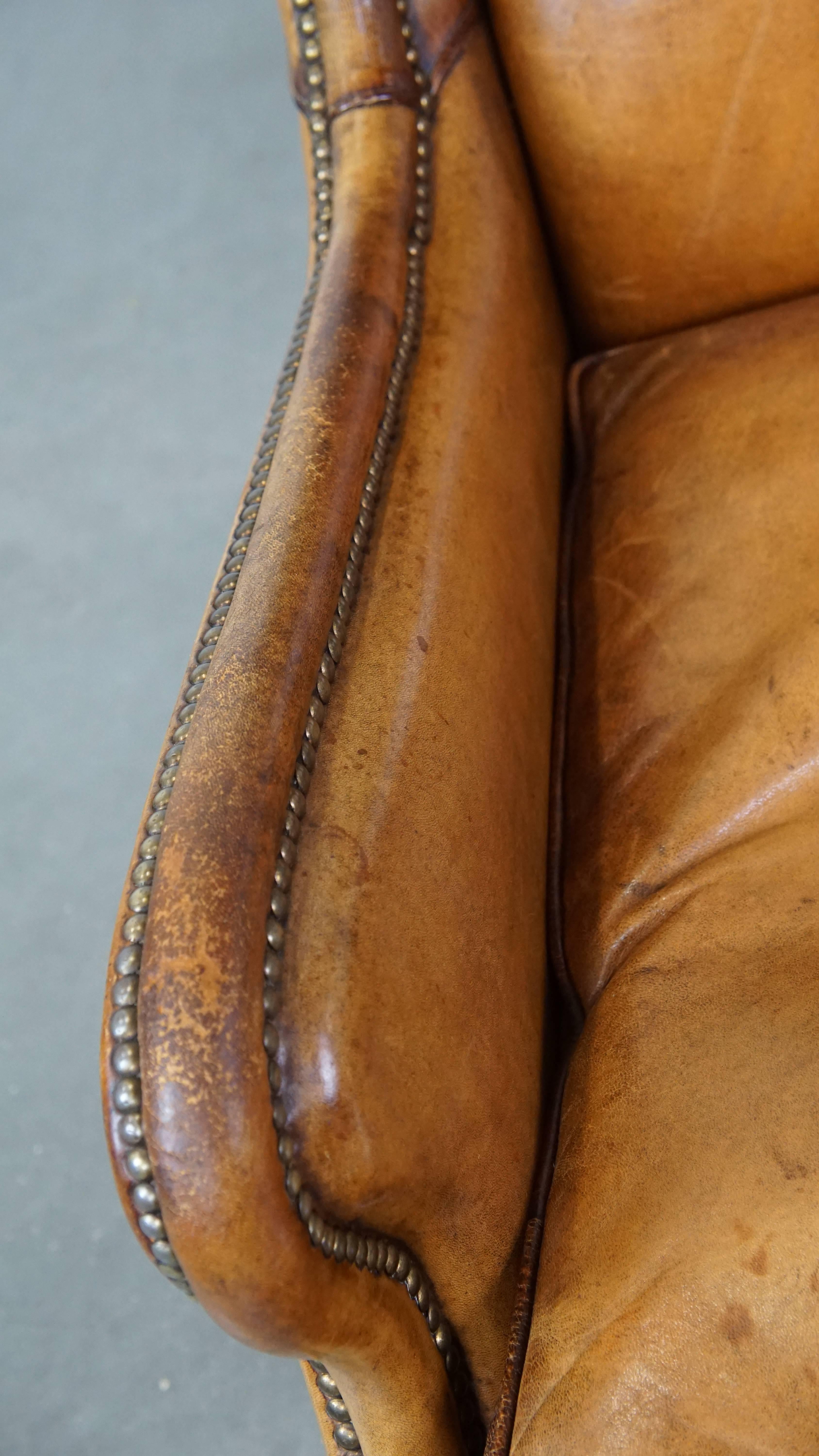 Cognac-Colored Vintage Sheepskin Leather Armchair with a High Back For Sale 1