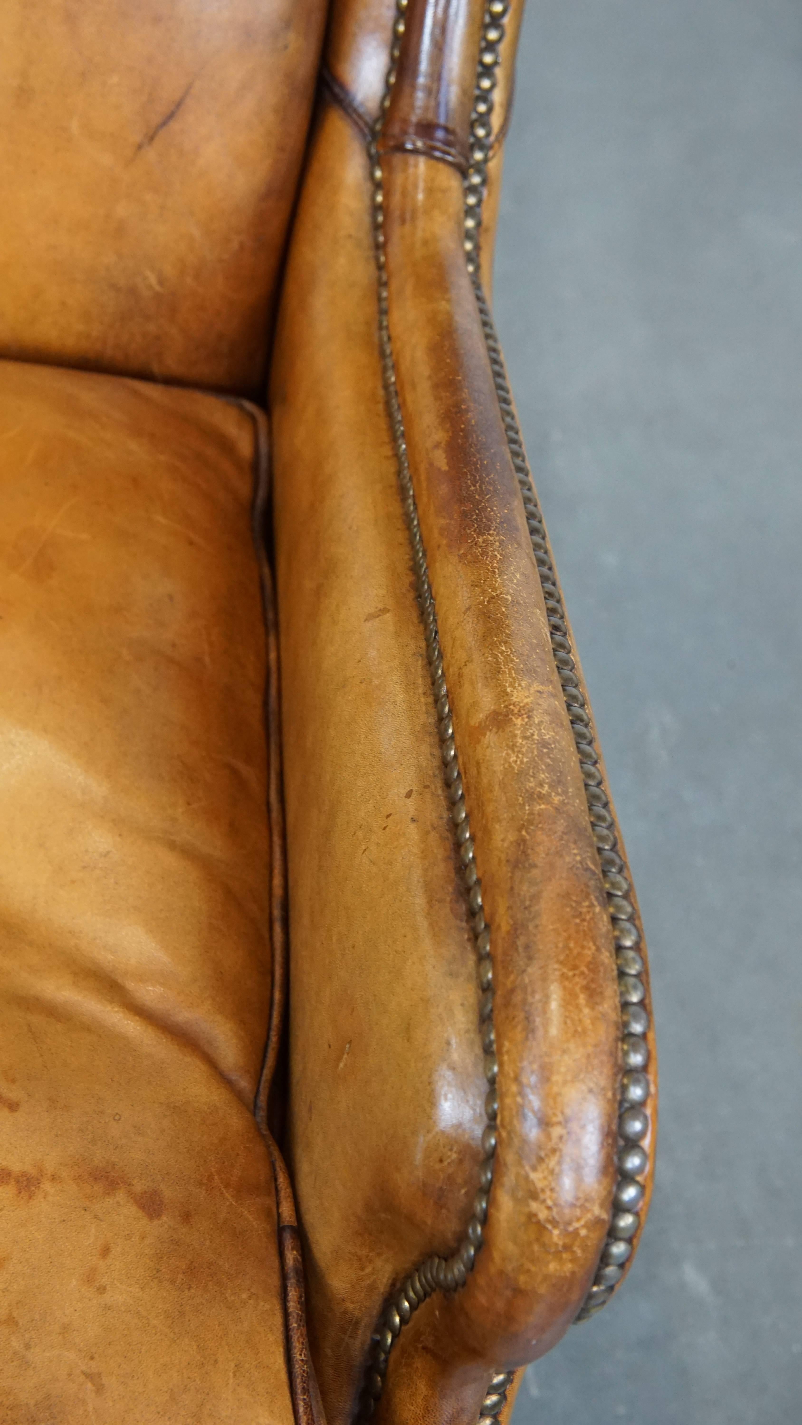 Cognac-Colored Vintage Sheepskin Leather Armchair with a High Back For Sale 2
