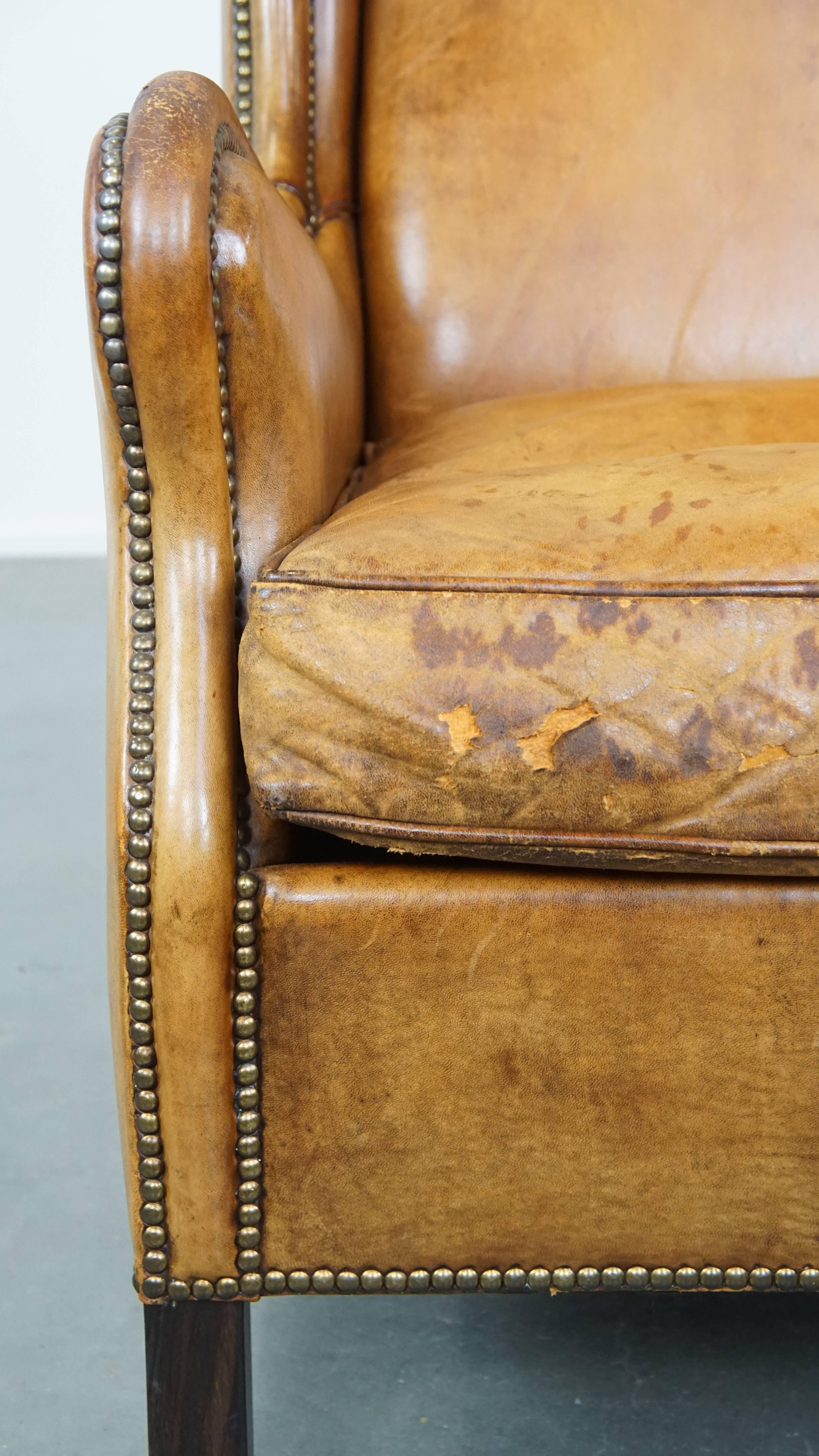 Cognac-Colored Vintage Sheepskin Leather Armchair with a High Back For Sale 3