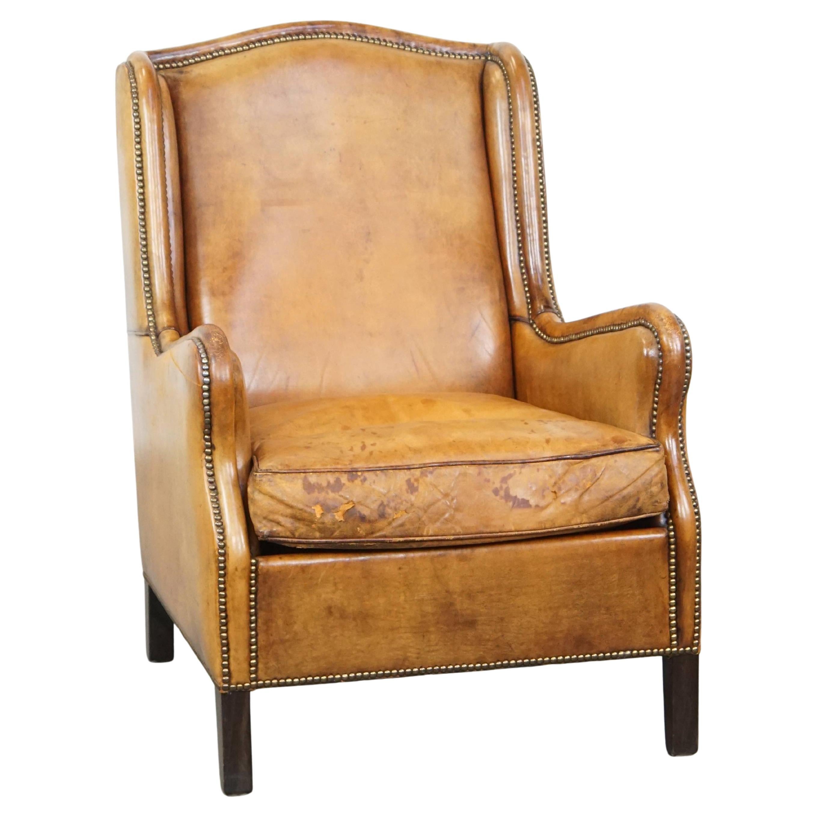 Cognac-Colored Vintage Sheepskin Leather Armchair with a High Back