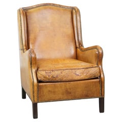 Cognac-Colored Vintage Sheepskin Leather Armchair with a High Back