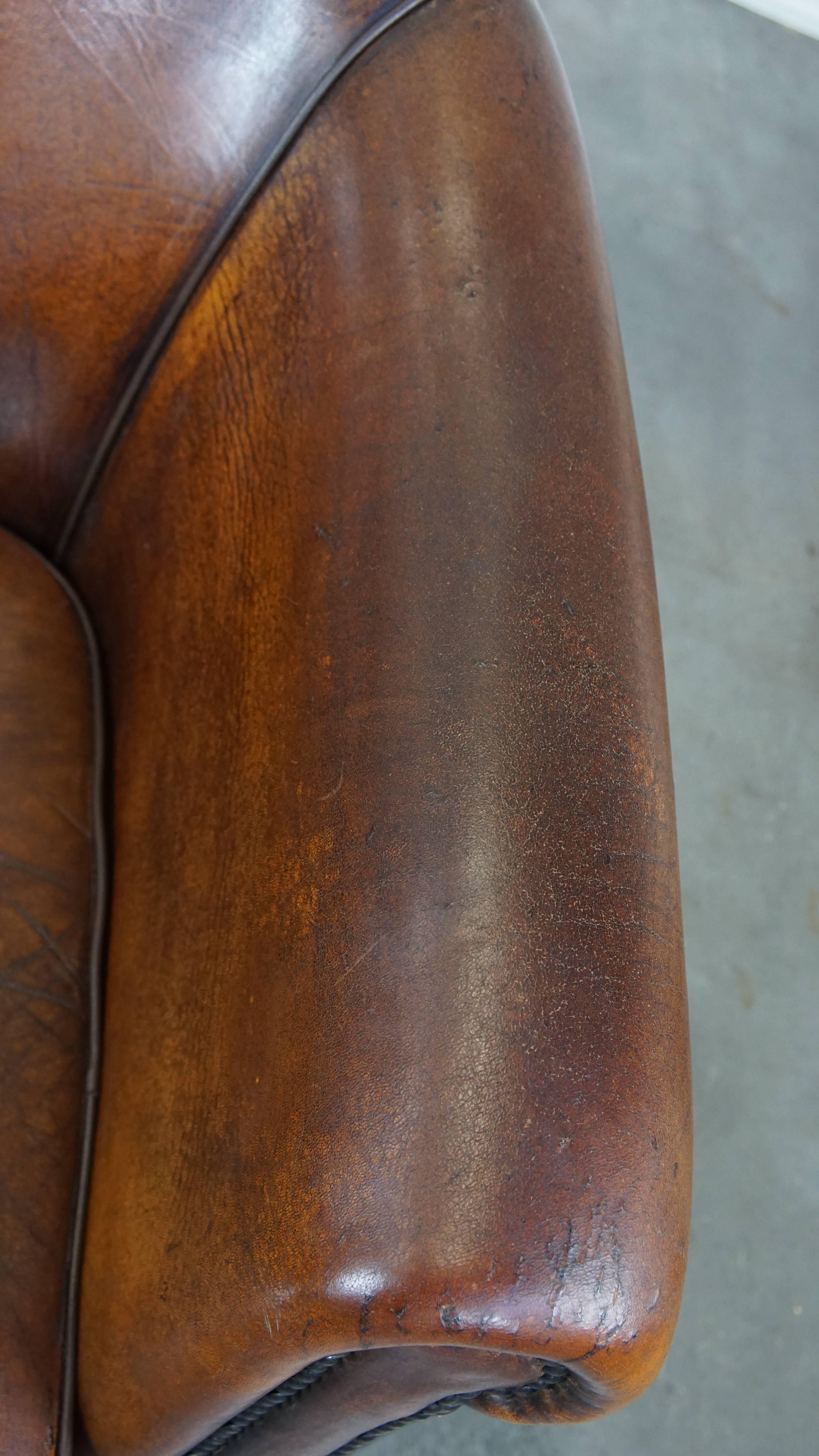 Cognac-Colored Vintage Sheepskin Leather Club Armchair For Sale 8