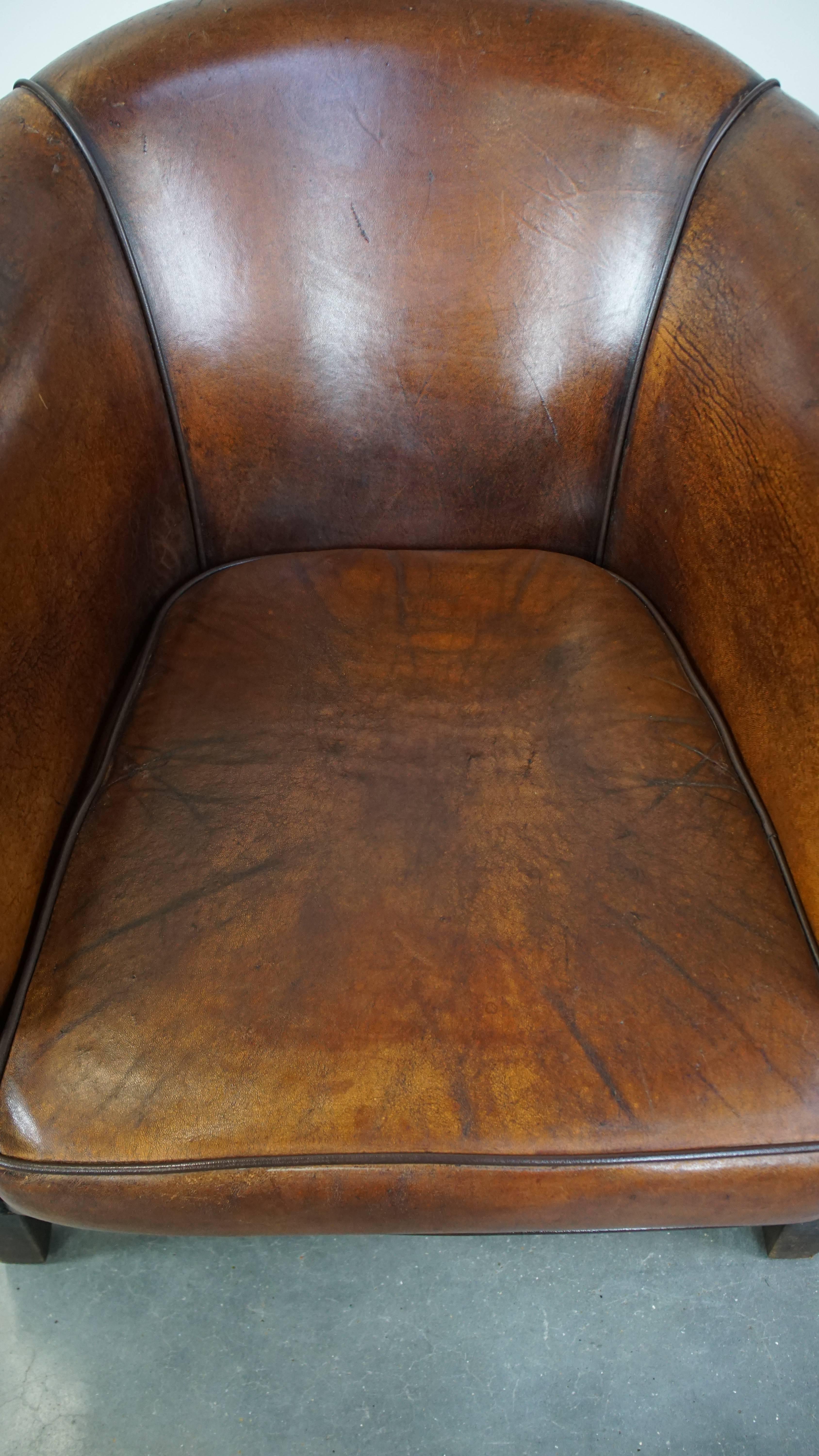 Cognac-Colored Vintage Sheepskin Leather Club Armchair For Sale 9