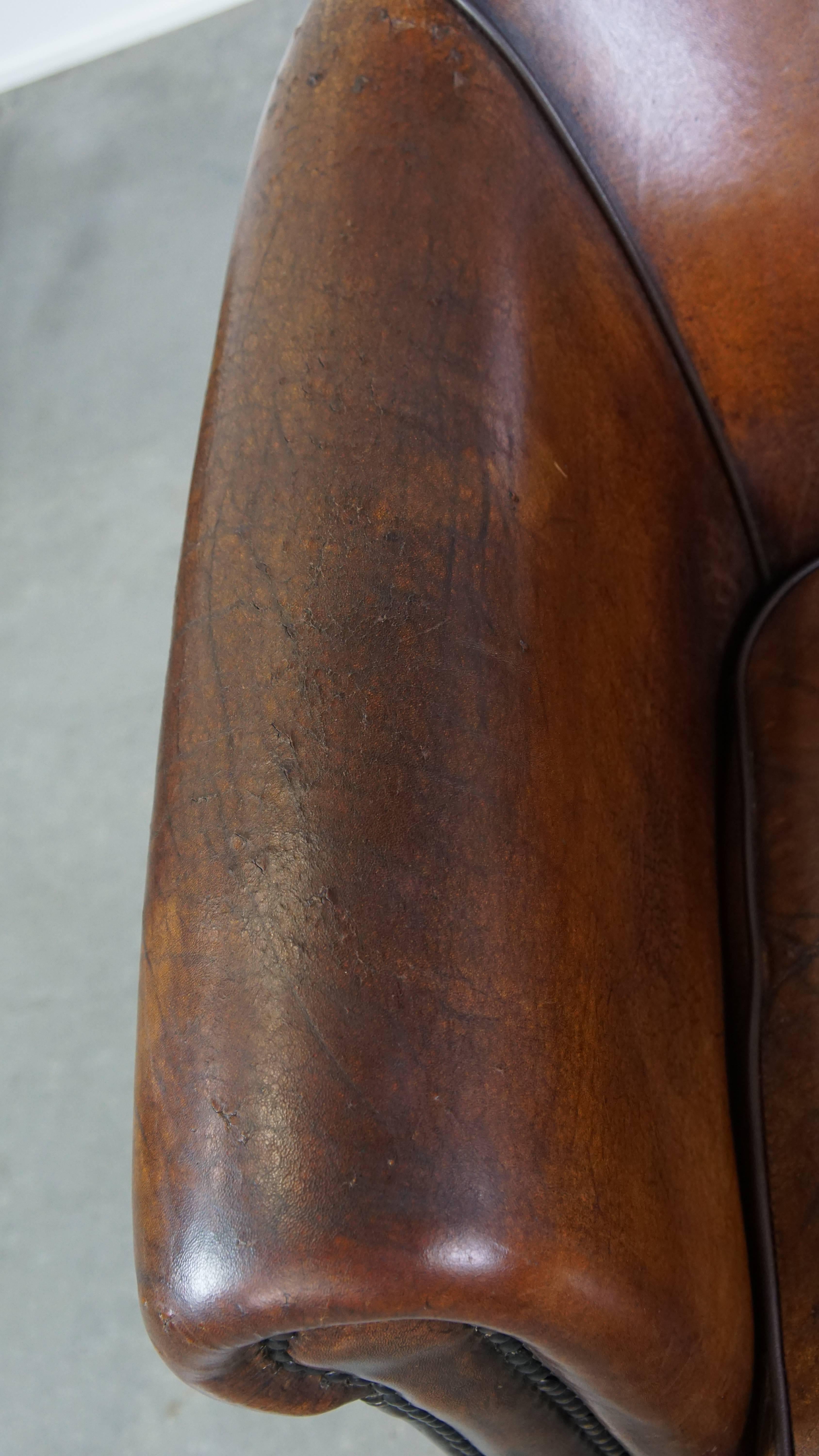 Cognac-Colored Vintage Sheepskin Leather Club Armchair For Sale 10
