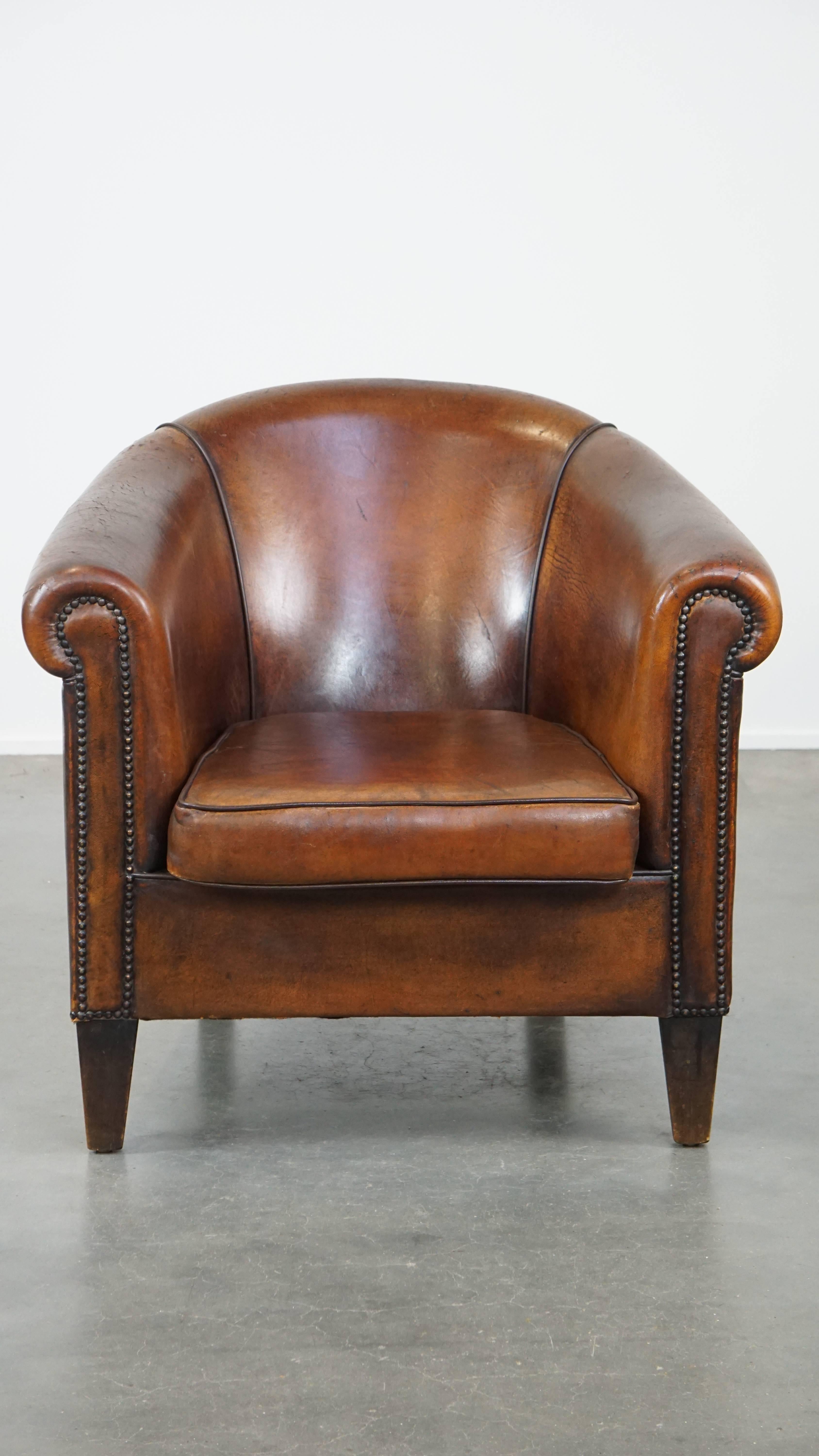 Cognac-Colored Vintage Sheepskin Leather Club Armchair For Sale 11