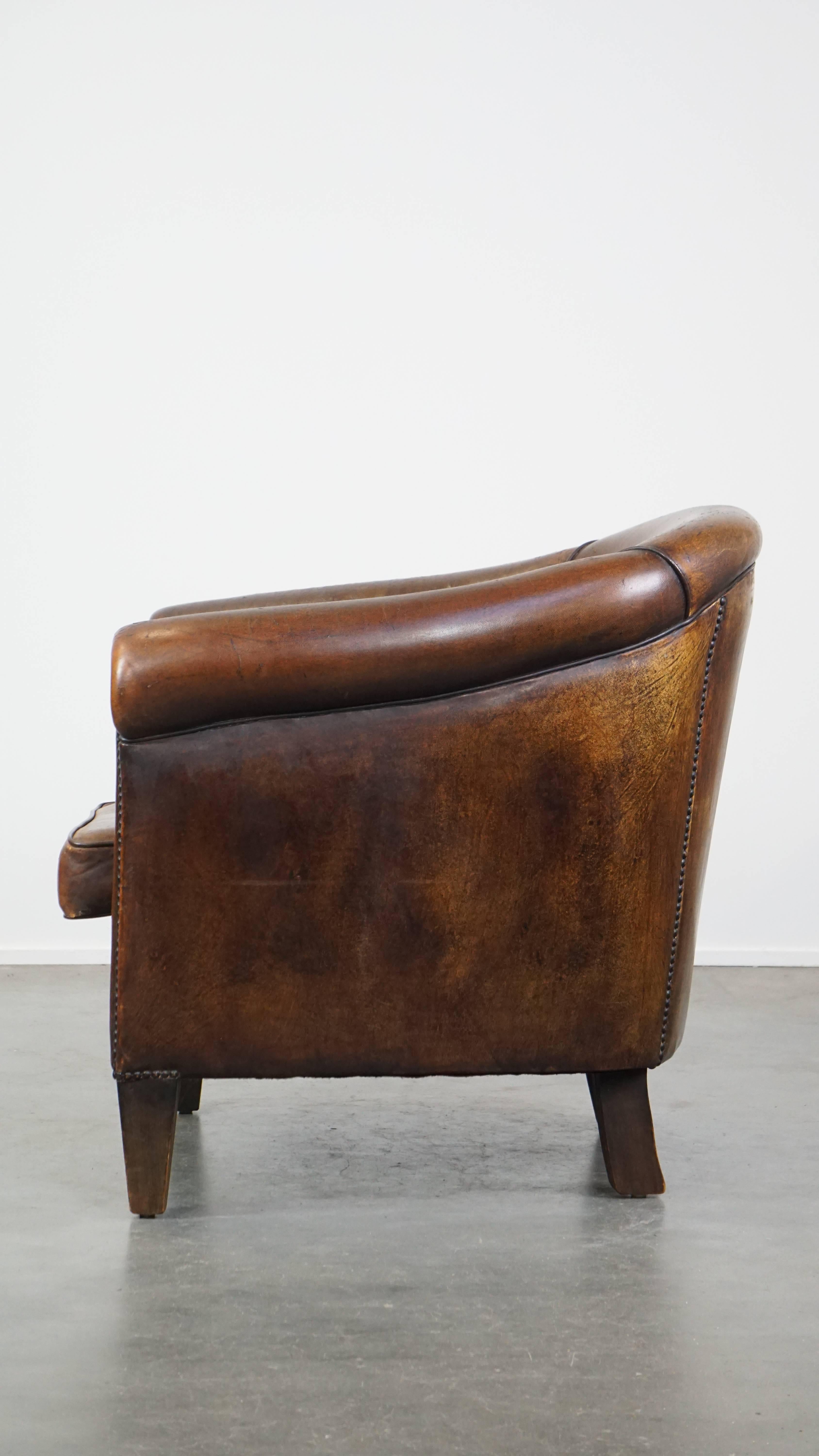 Hand-Crafted Cognac-Colored Vintage Sheepskin Leather Club Armchair For Sale