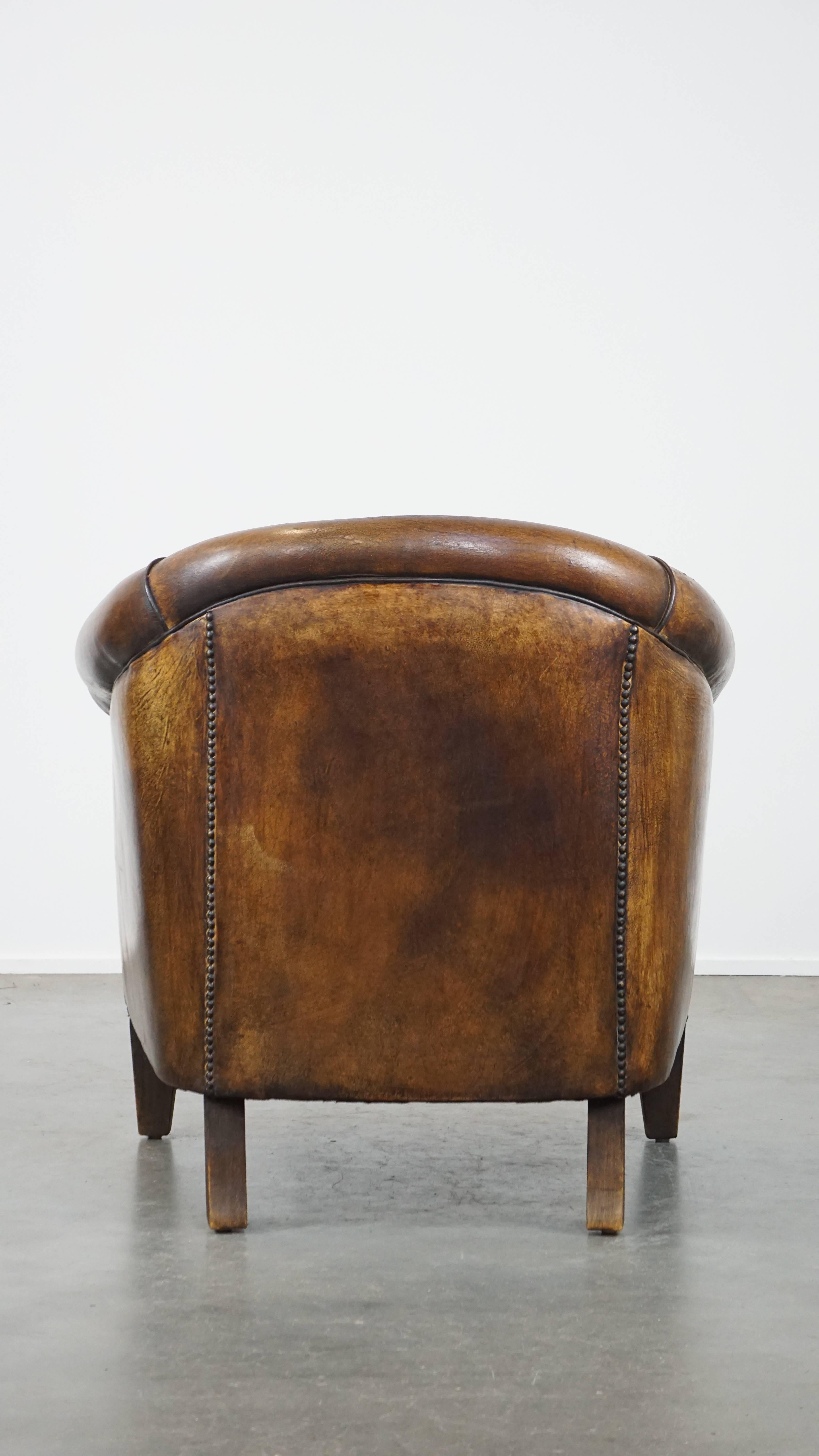Cognac-Colored Vintage Sheepskin Leather Club Armchair In Good Condition For Sale In Harderwijk, NL