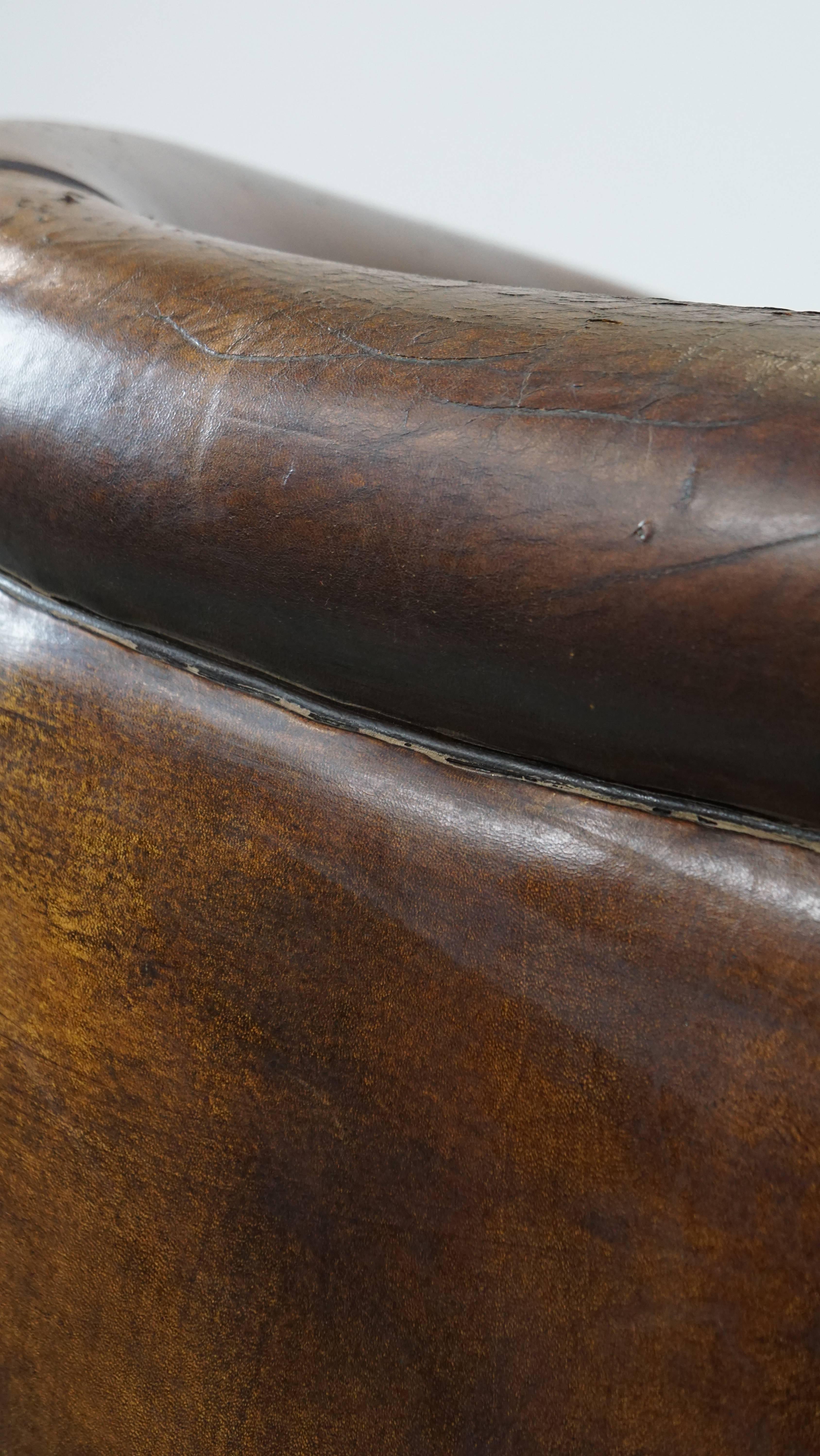 20th Century Cognac-Colored Vintage Sheepskin Leather Club Armchair For Sale