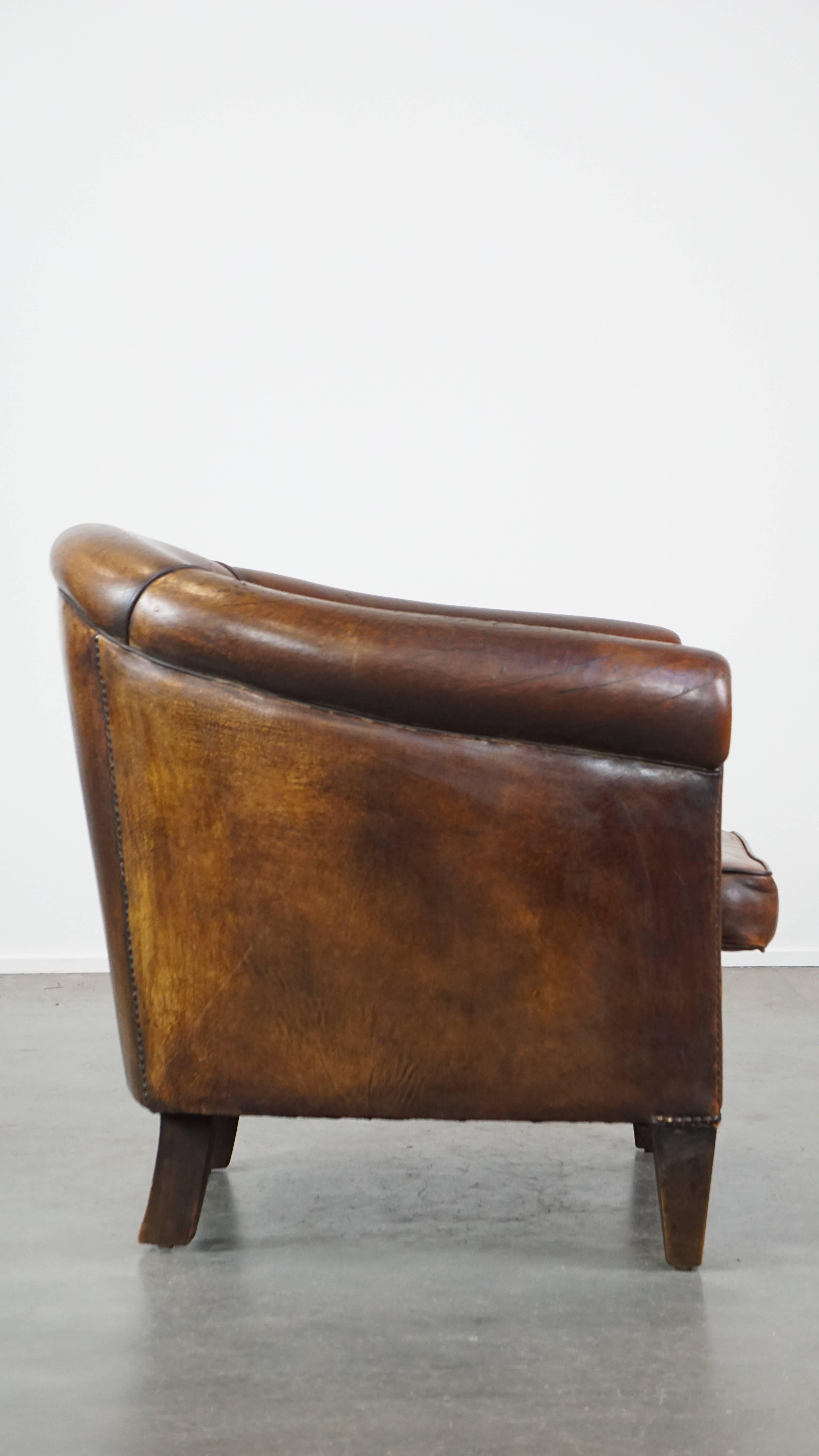 Cognac-Colored Vintage Sheepskin Leather Club Armchair For Sale 1