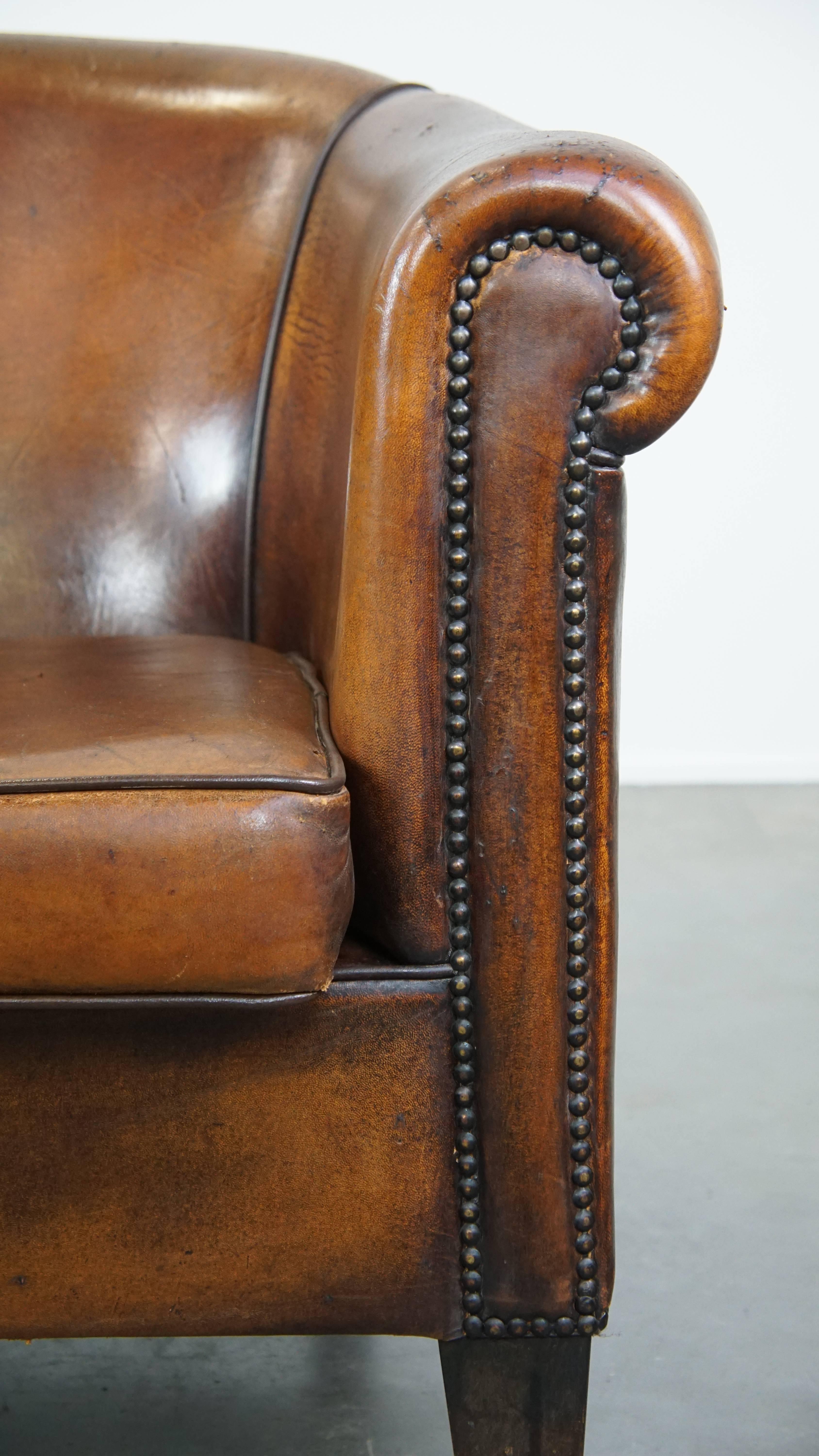 Cognac-Colored Vintage Sheepskin Leather Club Armchair For Sale 3