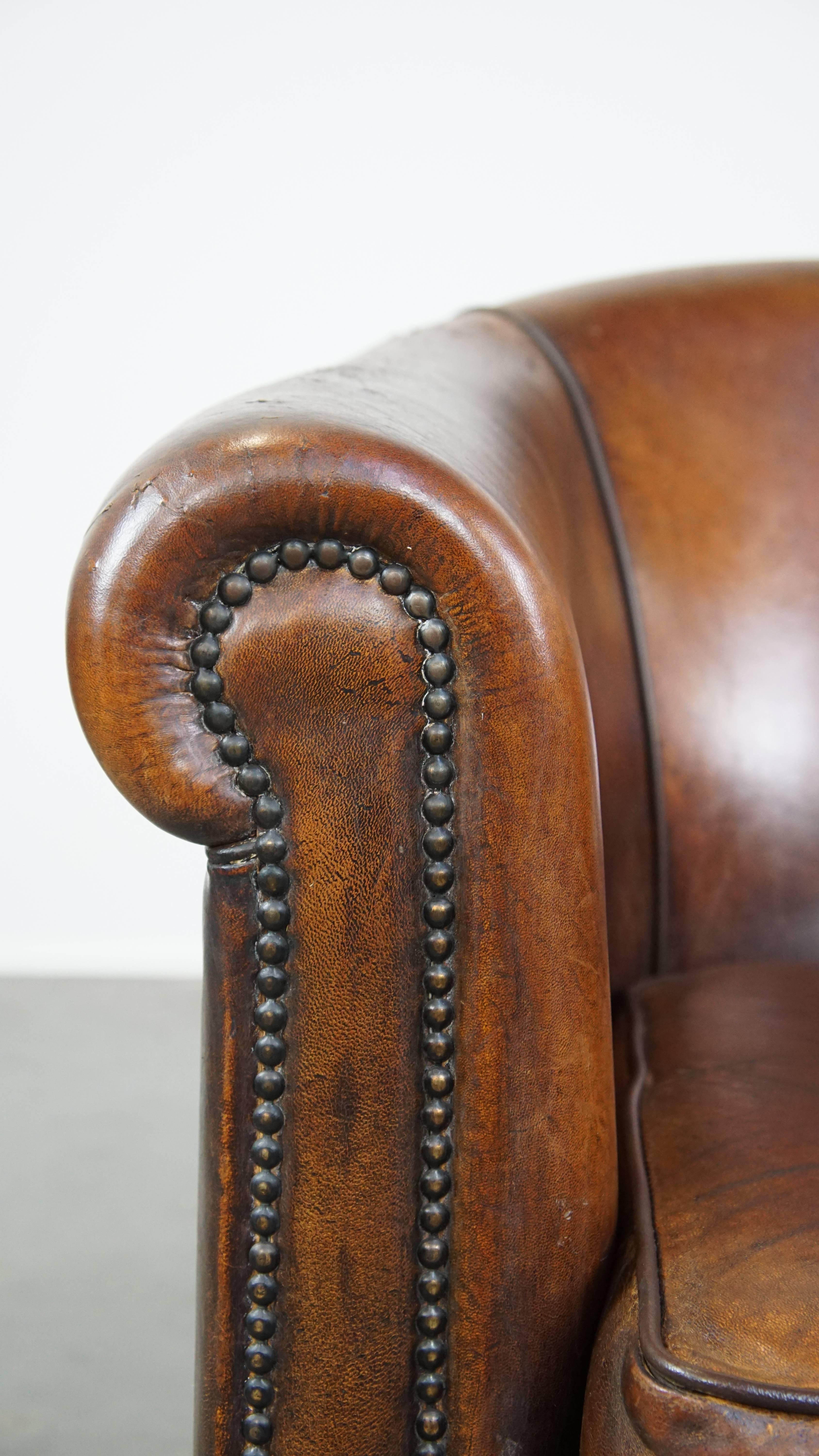 Cognac-Colored Vintage Sheepskin Leather Club Armchair For Sale 4