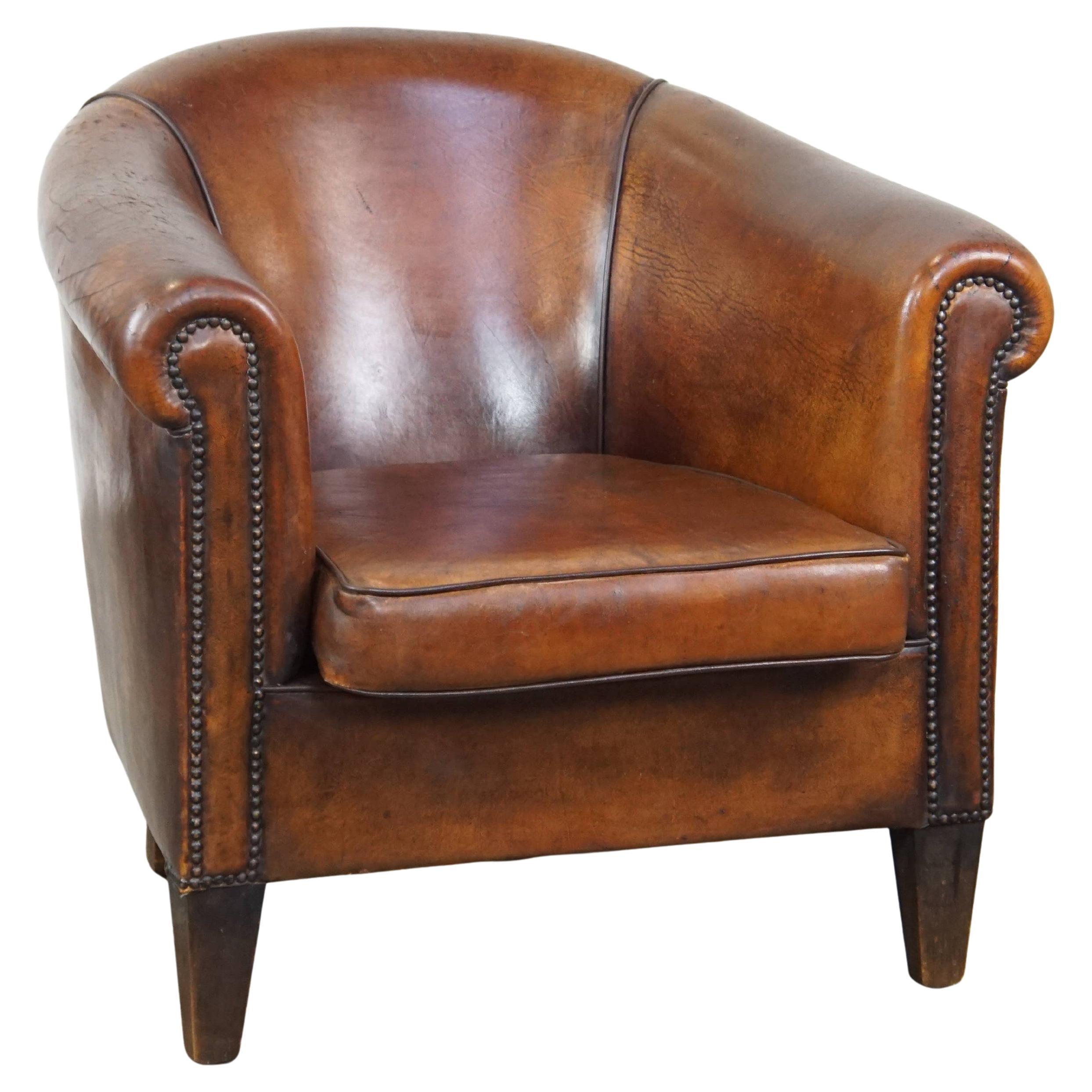 Cognac-Colored Vintage Sheepskin Leather Club Armchair